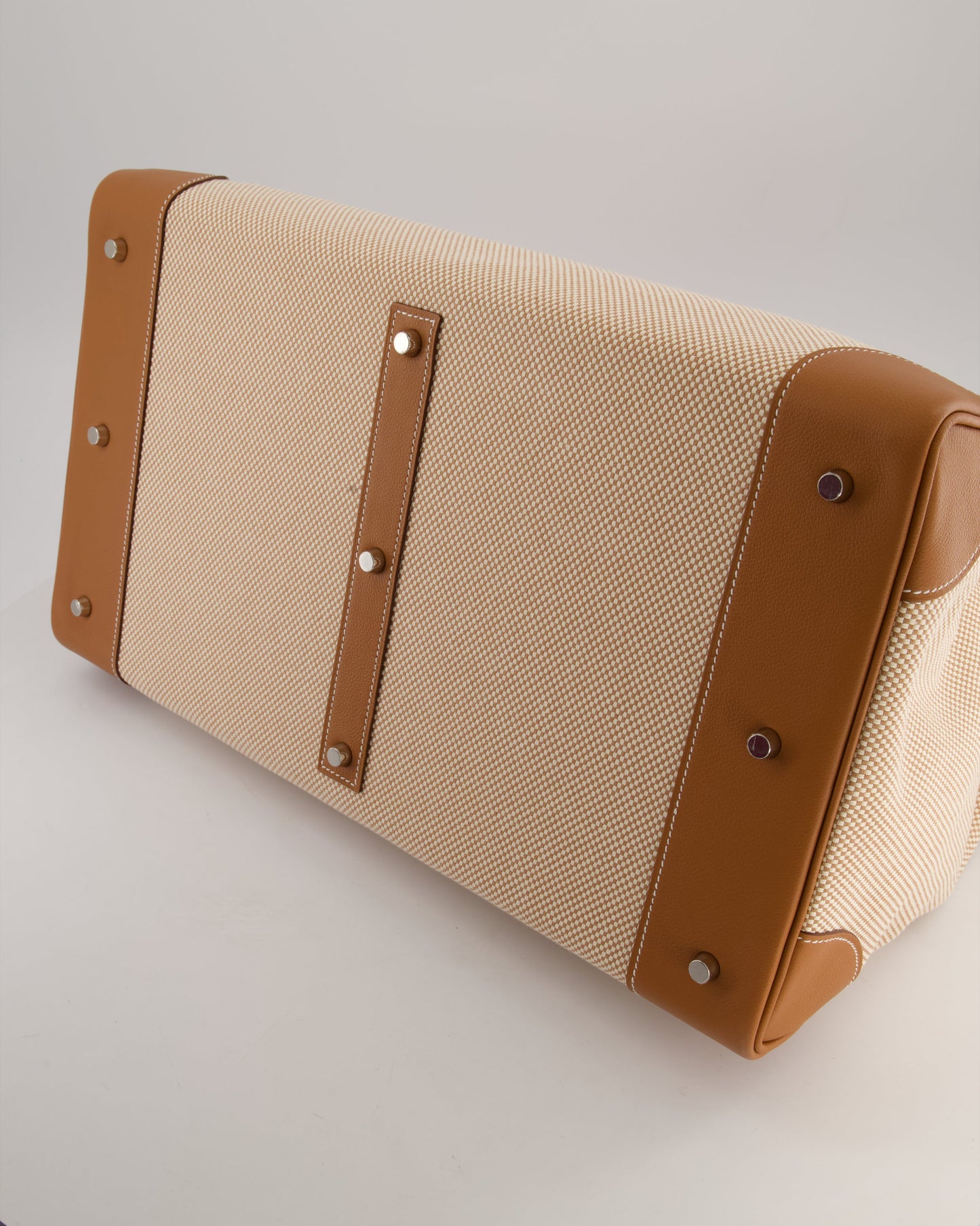 *RARE* Hermes Haut à Courroies HAC 50 Bag in Gold Evercolour Leather & Écru/Beige Toile Cross Canvas with Palladium Hardware