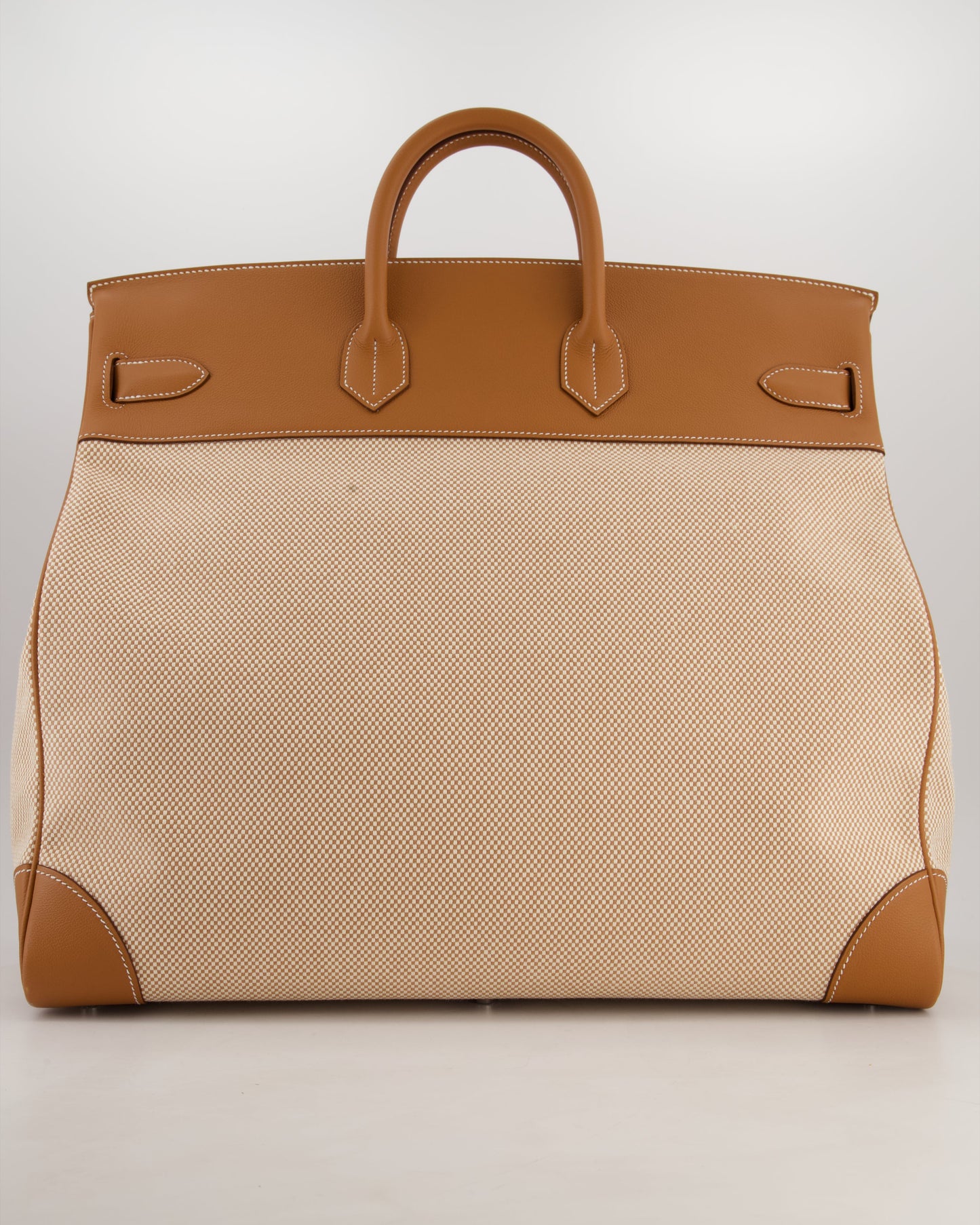 *RARE* Hermes Haut à Courroies HAC 50 Bag in Gold Evercolour Leather & Écru/Beige Toile Cross Canvas with Palladium Hardware