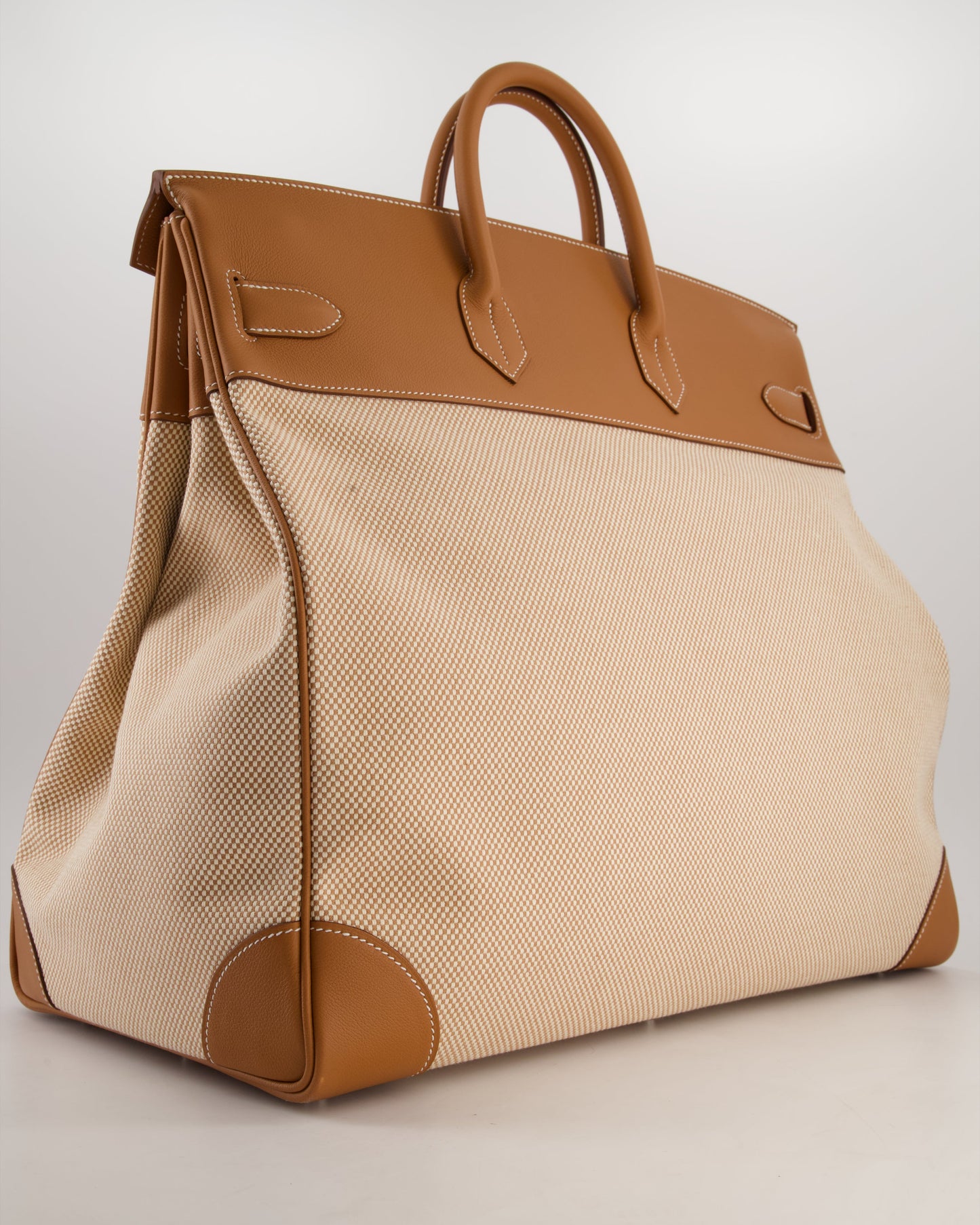 *RARE* Hermes Haut à Courroies HAC 50 Bag in Gold Evercolour Leather & Écru/Beige Toile Cross Canvas with Palladium Hardware