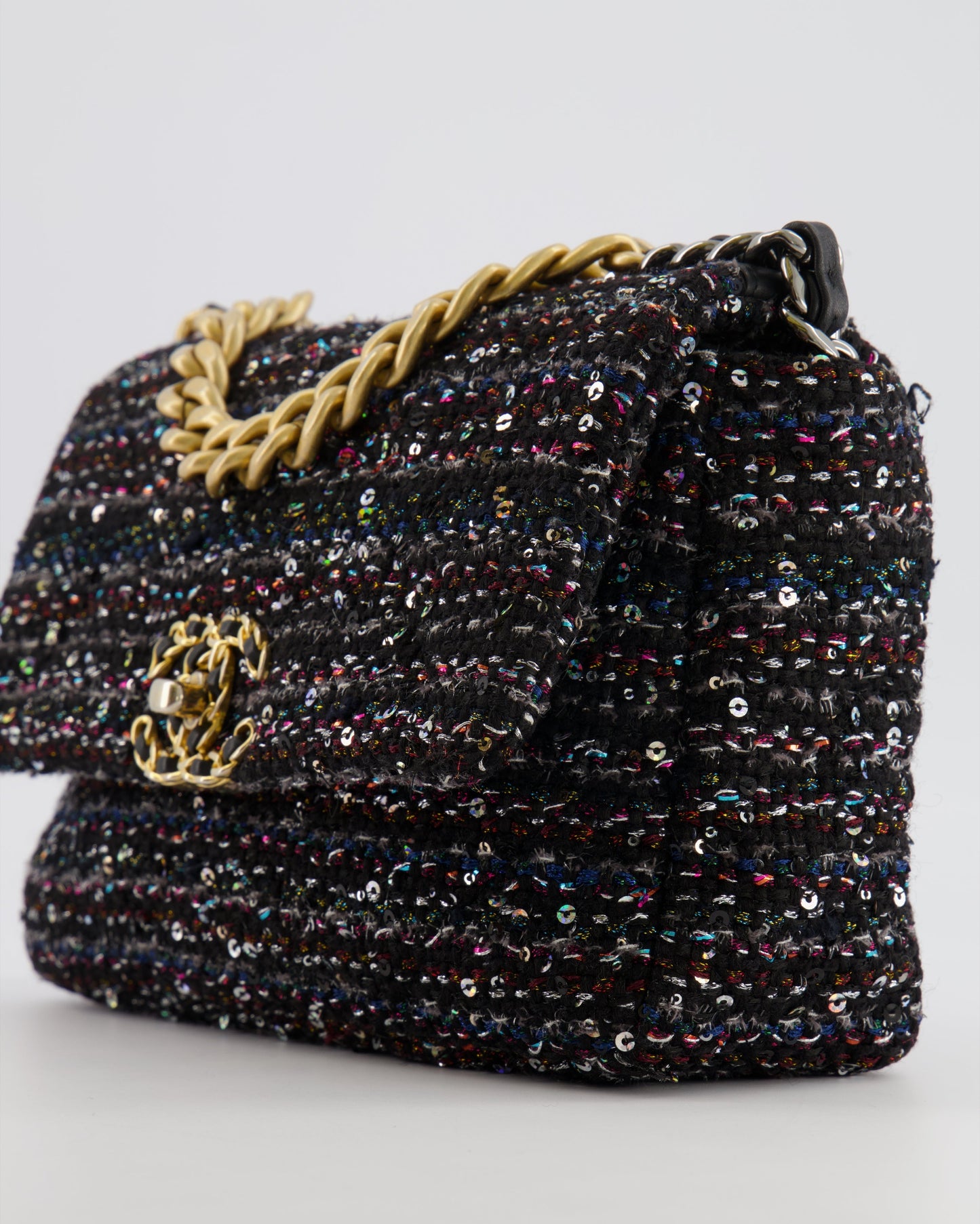 Chanel Small 19 Flap Bag in Black Tweed and Multicolour Sequins with Mixed Hardware
