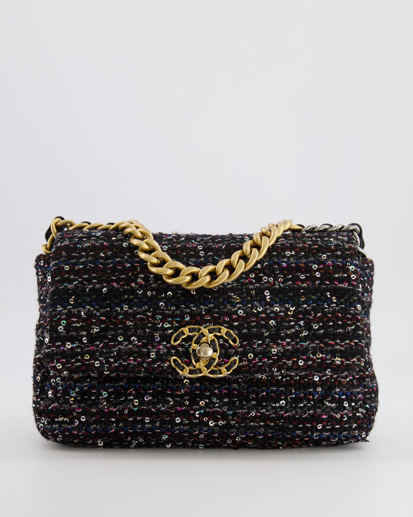 Chanel Small 19 Flap Bag in Black Tweed and Multicolour Sequins with Mixed Hardware