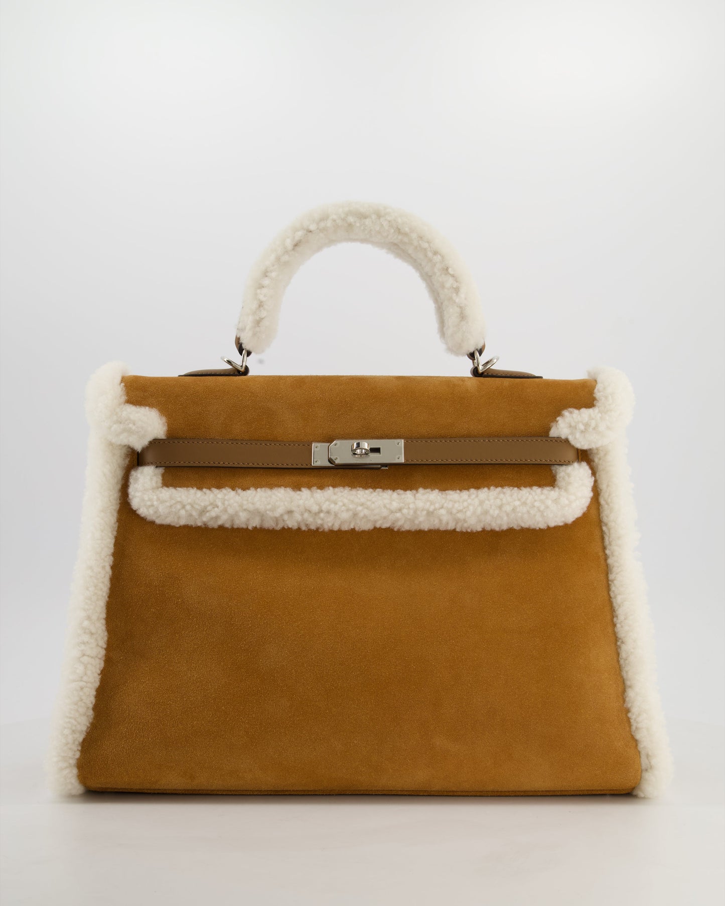 Hermes Kelly 35 Teddy Plush Grizzly Bag in Alezan Swift Leather, Ecru Plush & Chamois Grizzly Suede Leather with Palladium Hardware