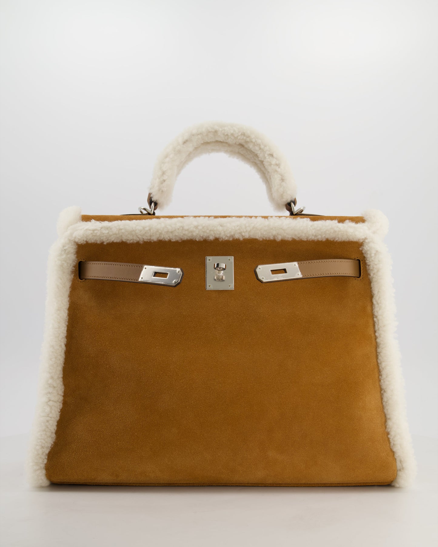 Hermes Kelly 35 Teddy Plush Grizzly Bag in Alezan Swift Leather, Ecru Plush & Chamois Grizzly Suede Leather with Palladium Hardware
