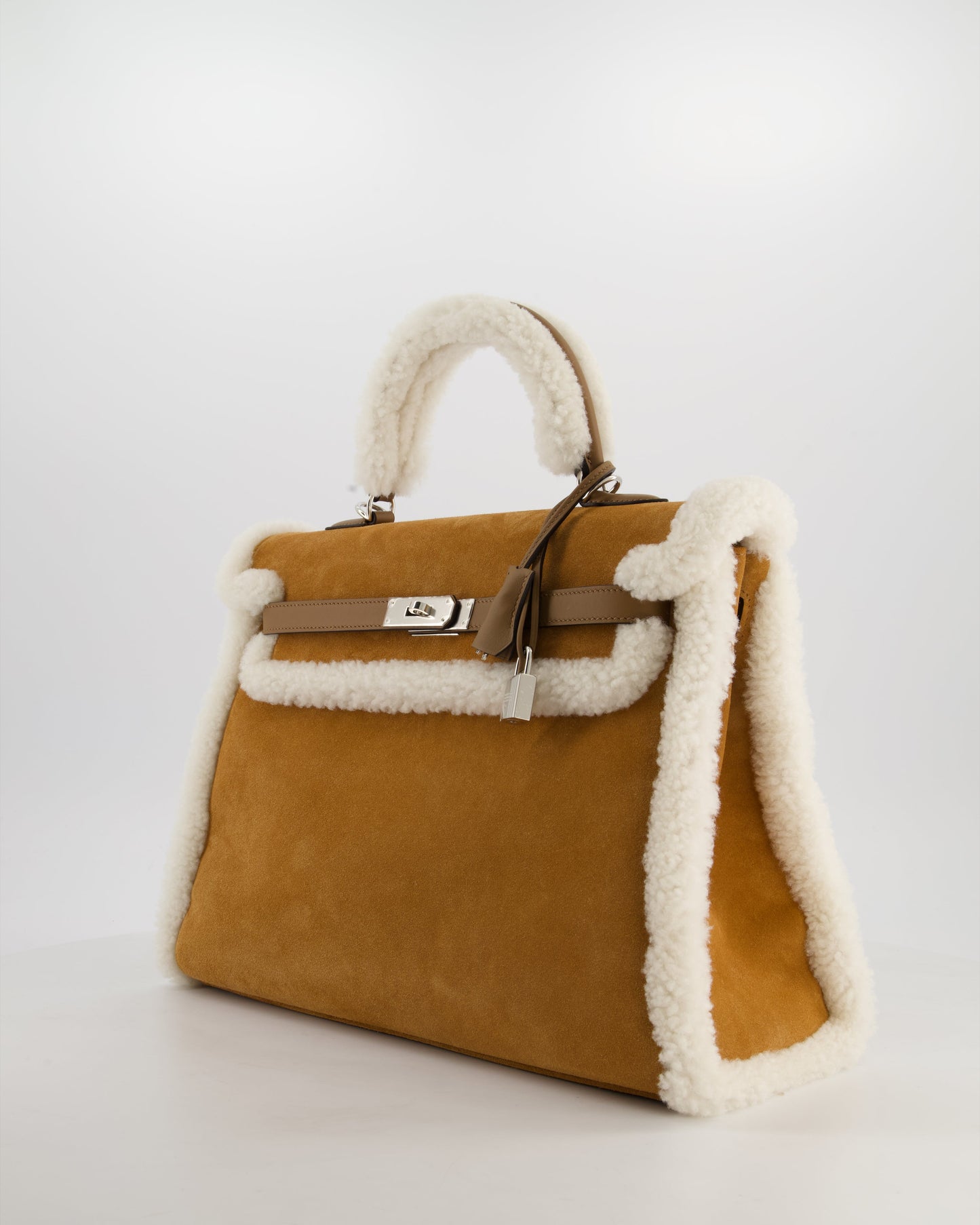 Hermes Kelly 35 Teddy Plush Grizzly Bag in Alezan Swift Leather, Ecru Plush & Chamois Grizzly Suede Leather with Palladium Hardware