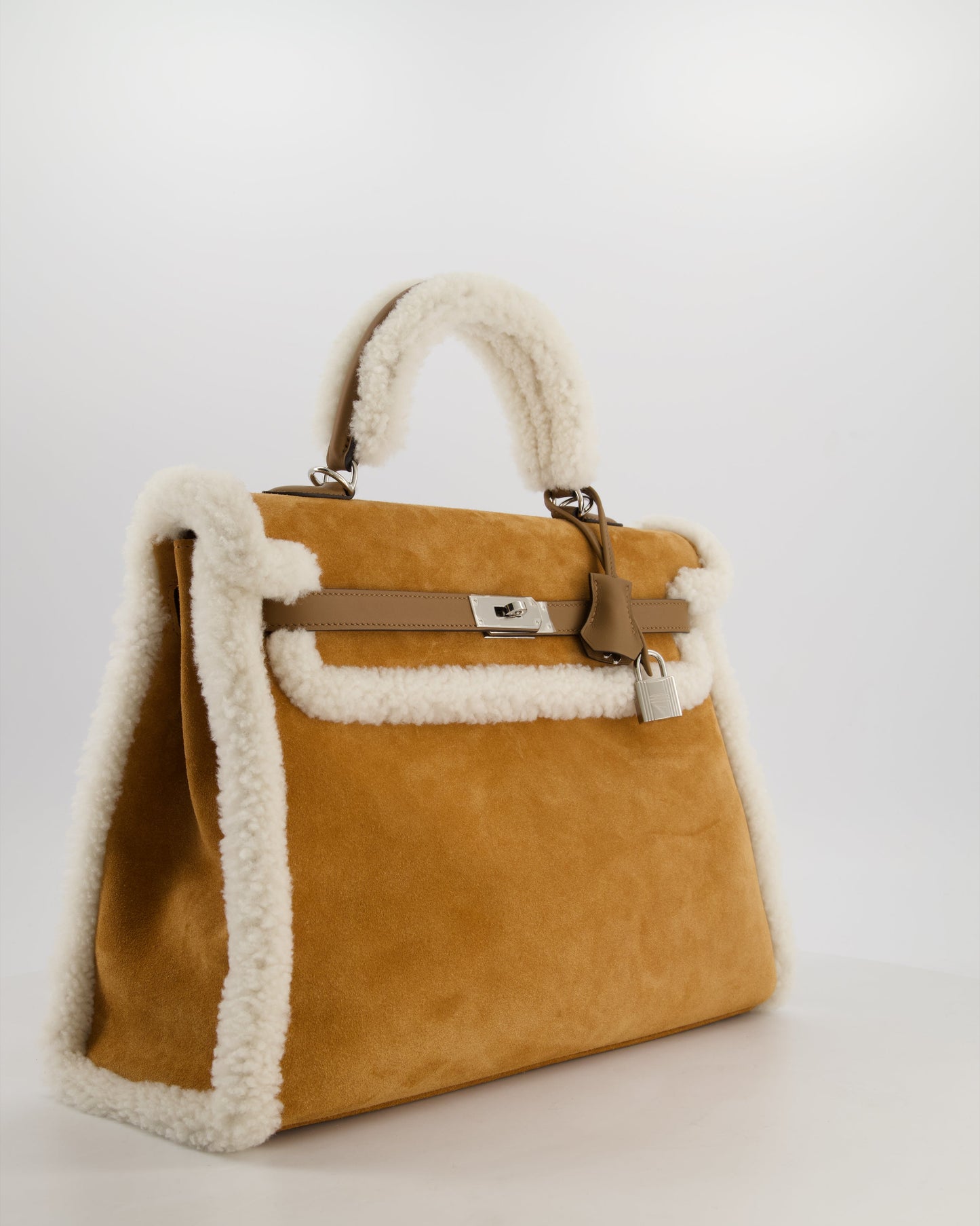 Hermes Kelly 35 Teddy Plush Grizzly Bag in Alezan Swift Leather, Ecru Plush & Chamois Grizzly Suede Leather with Palladium Hardware