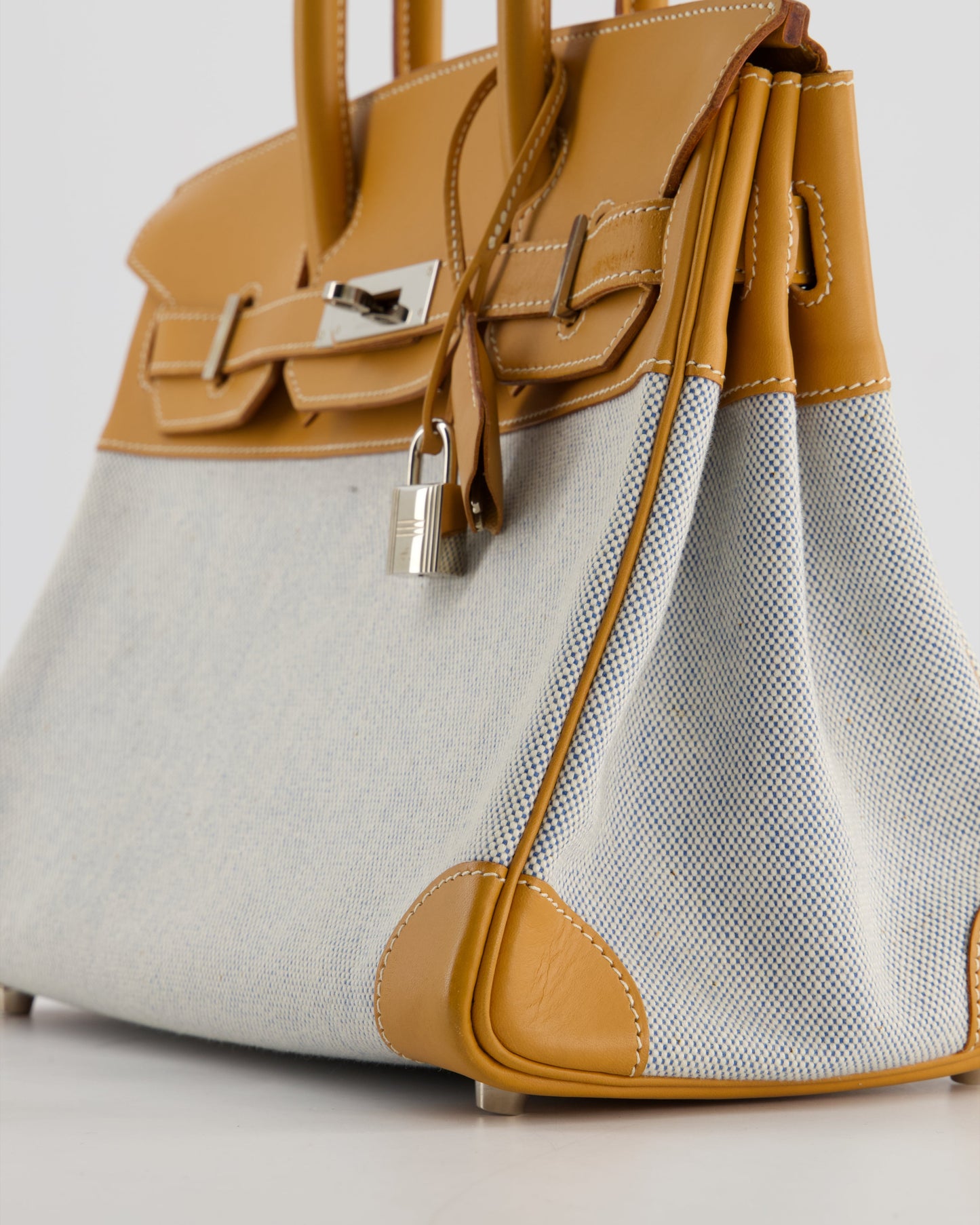 *RARE* Hermes Vintage Birkin 30 Retourne Toile Bag in Natural Sable Vache Naturelle Leather & Écru/Ciel Cross Toile Canvas with Palladium Hardware