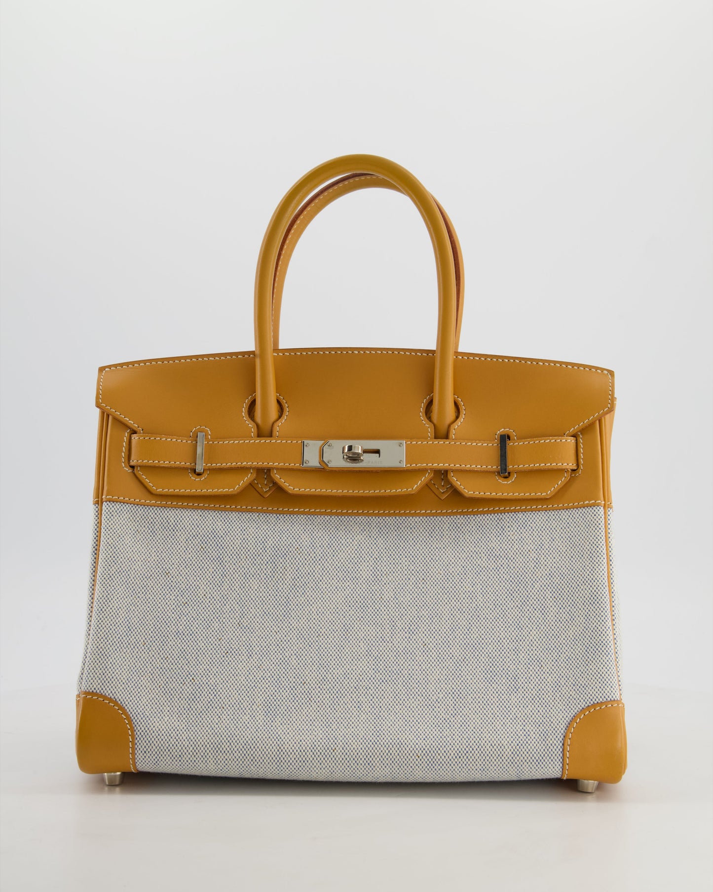*RARE* Hermes Vintage Birkin 30 Retourne Toile Bag in Natural Sable Vache Naturelle Leather & Écru/Ciel Cross Toile Canvas with Palladium Hardware