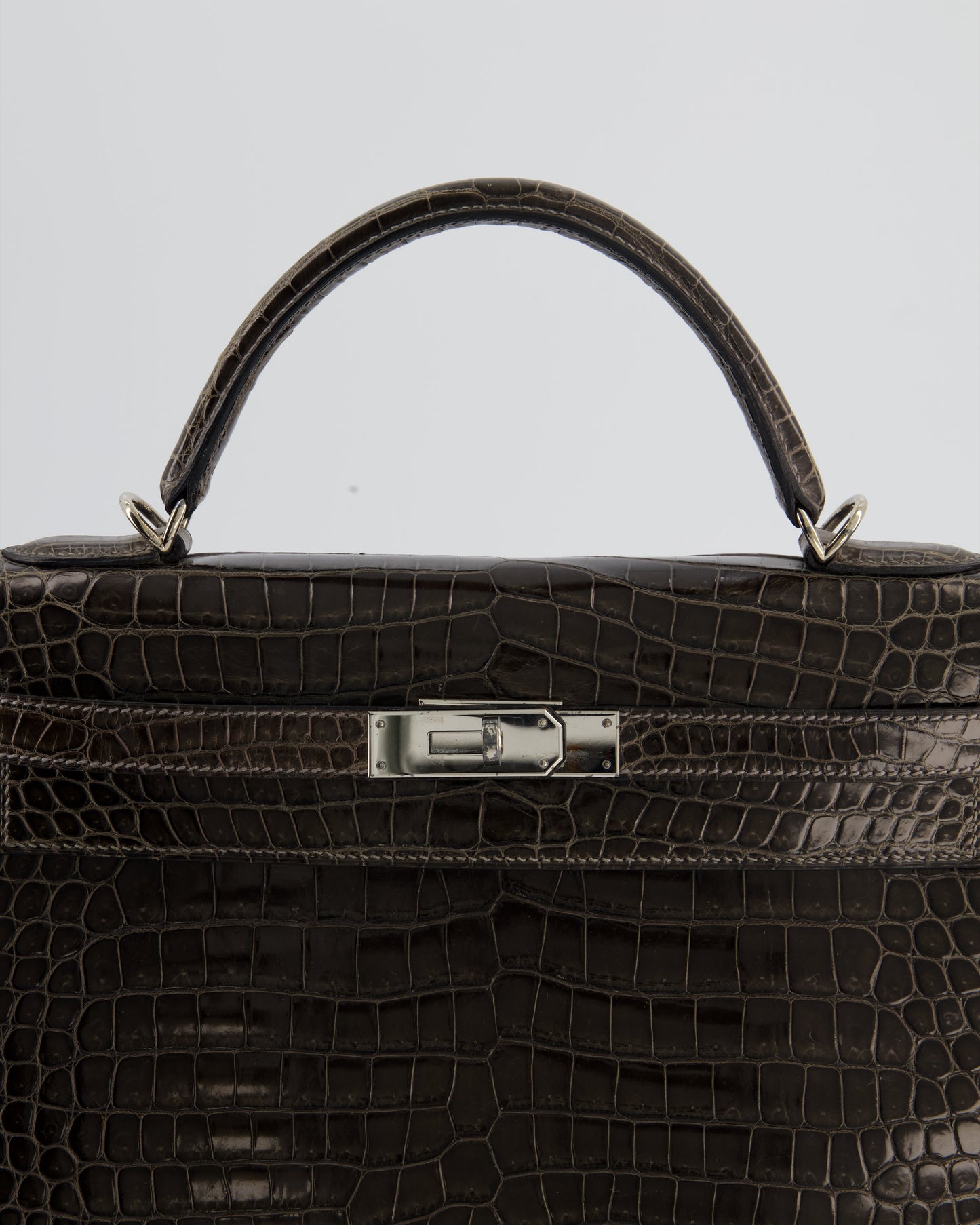 Hermes Vintage Kelly 32 Sellier Bag in Graphite Shiny Porosus Crocodile Leather with Palladium Hardware
