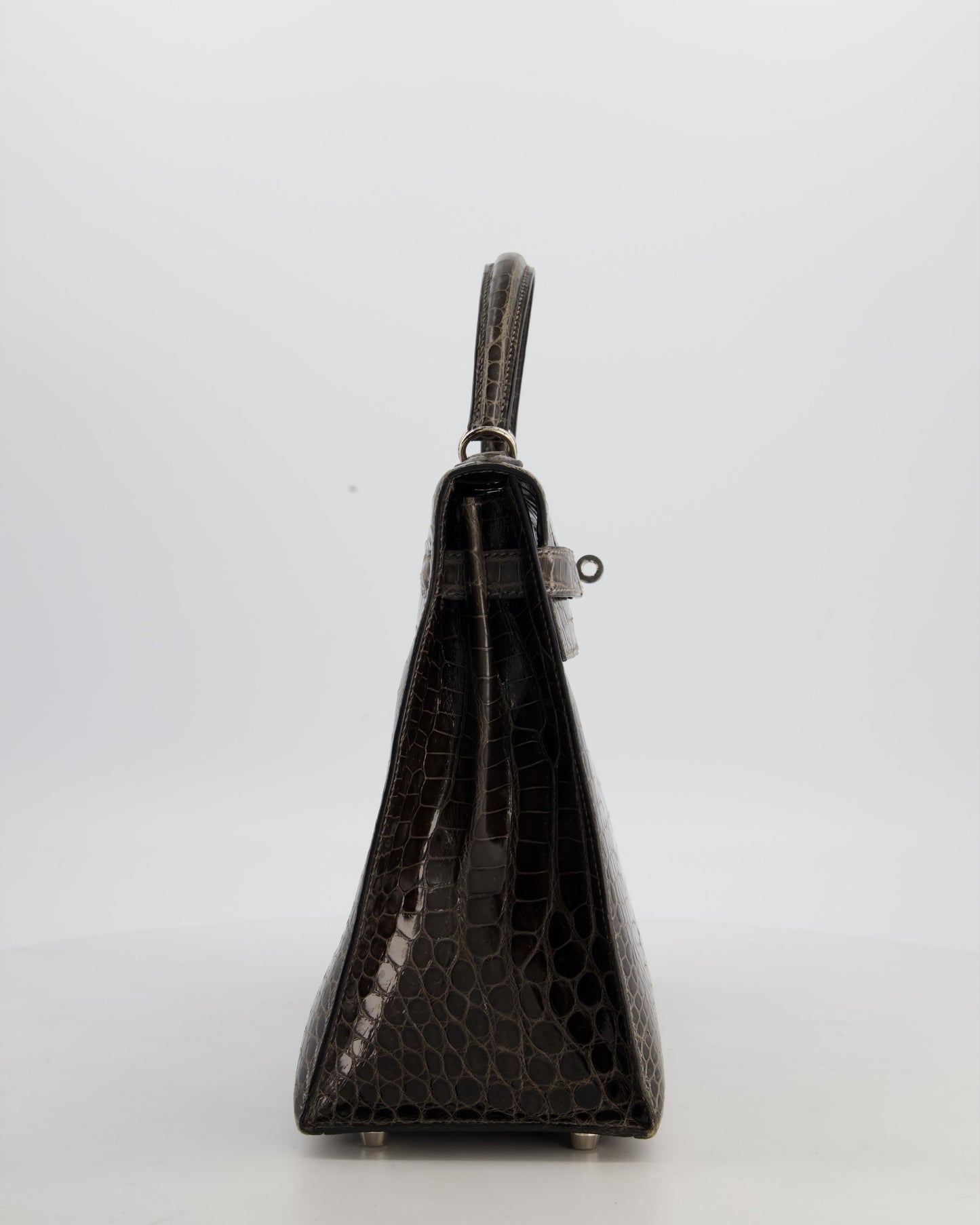 Hermes Vintage Kelly 32 Sellier Bag in Graphite Shiny Porosus Crocodile Leather with Palladium Hardware