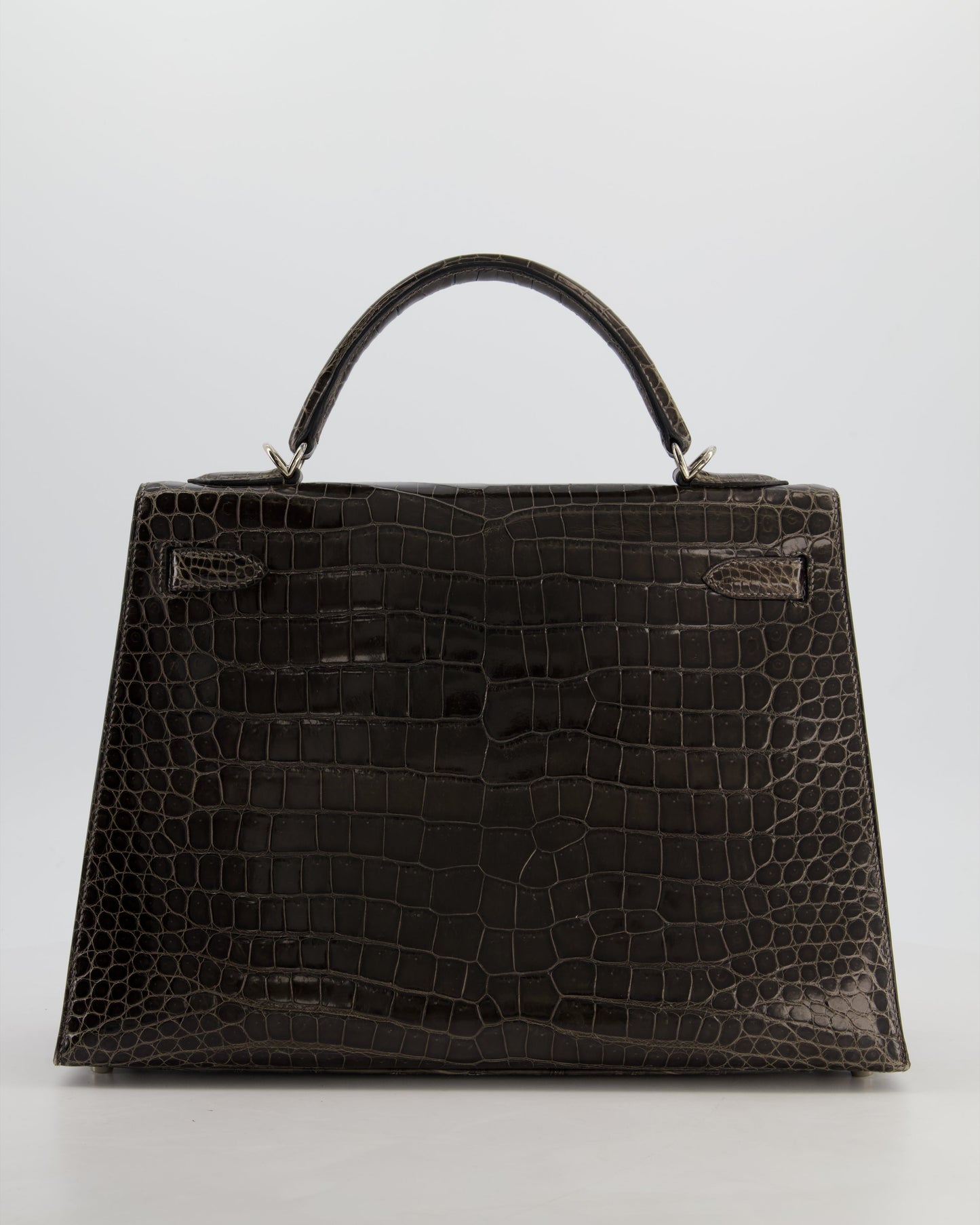 Hermes Vintage Kelly 32 Sellier Bag in Graphite Shiny Porosus Crocodile Leather with Palladium Hardware