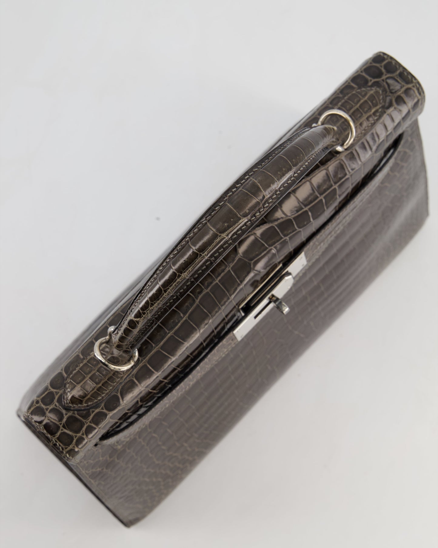 Hermes Vintage Kelly 32 Sellier Bag in Graphite Shiny Porosus Crocodile Leather with Palladium Hardware