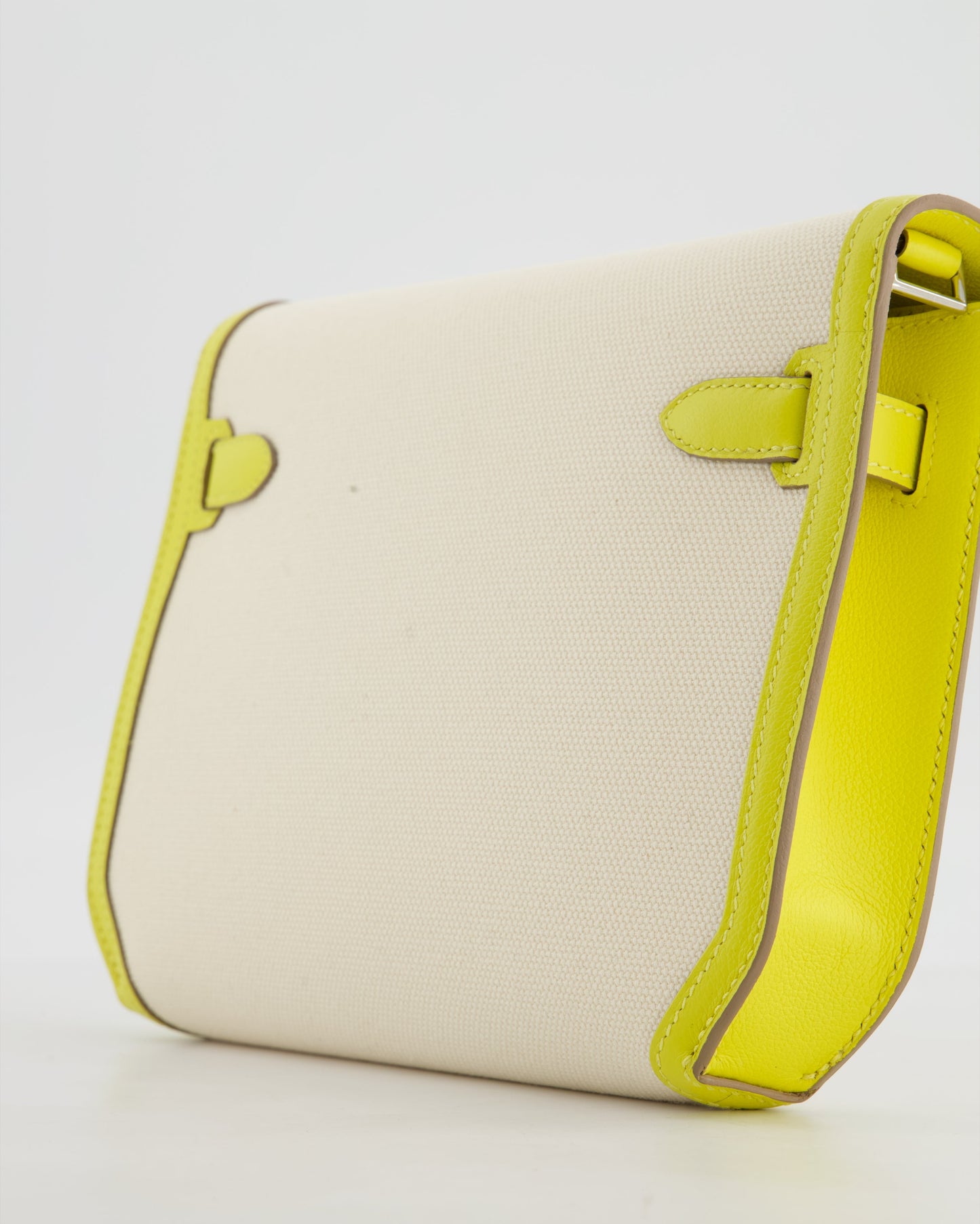 Hermes Kelly Depeches 25 Verso Bag in Ecru Canvas and Jaune Citron Chèvre with Palladium Hardware