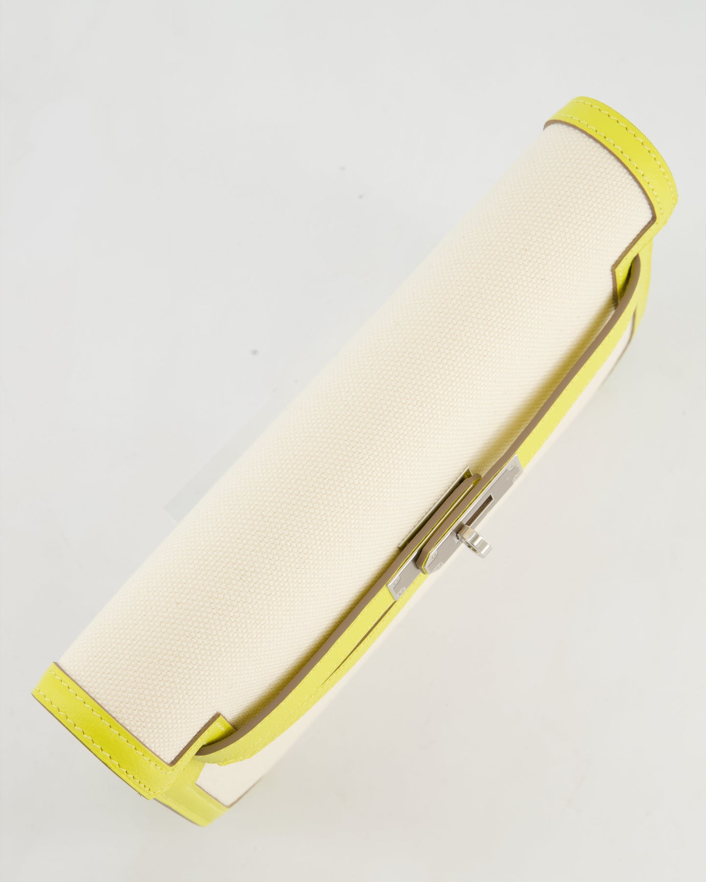 Hermes Kelly Depeches 25 Verso Bag in Ecru Canvas and Jaune Citron Chèvre with Palladium Hardware