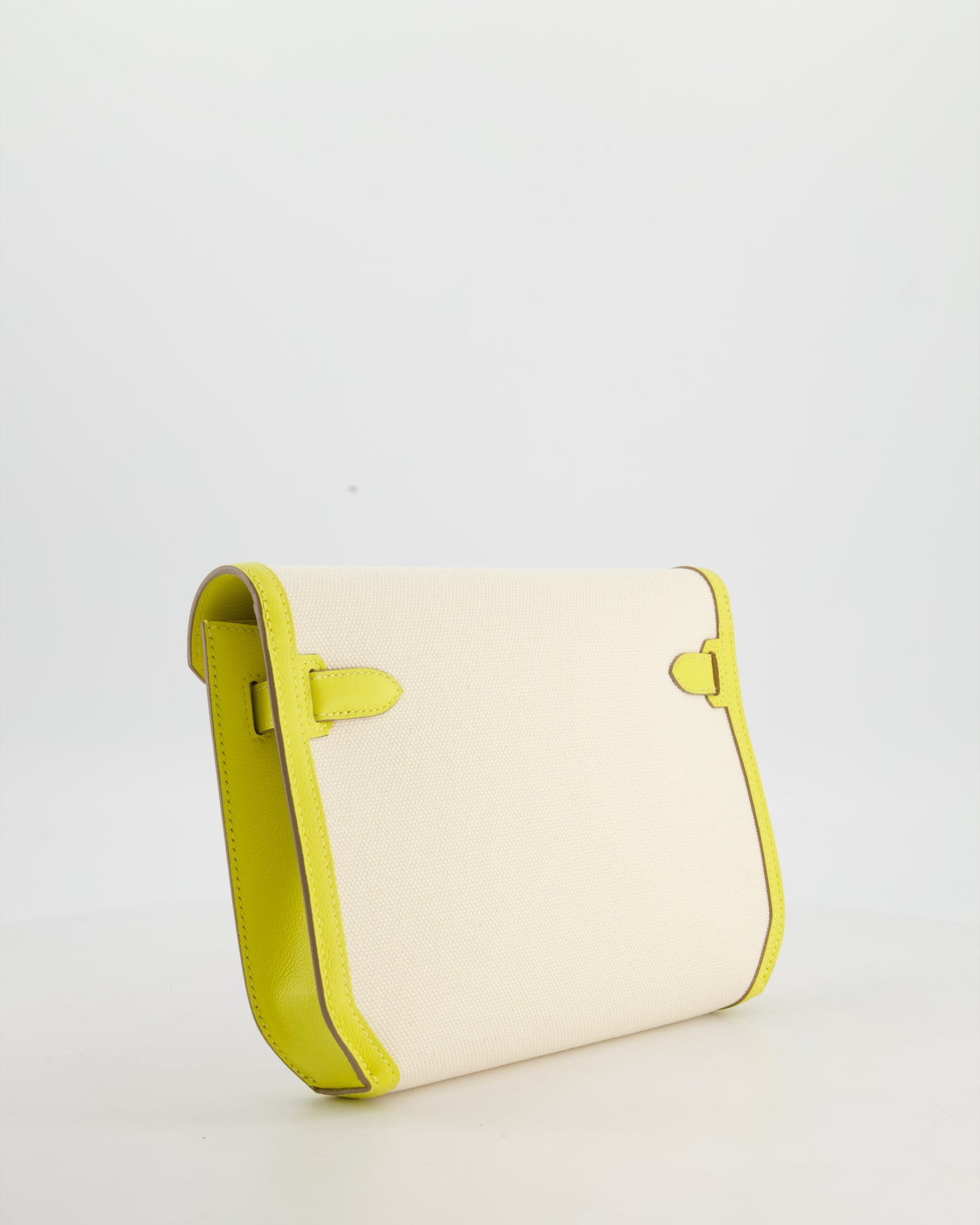 Hermes Kelly Depeches 25 Verso Bag in Ecru Canvas and Jaune Citron Chèvre with Palladium Hardware