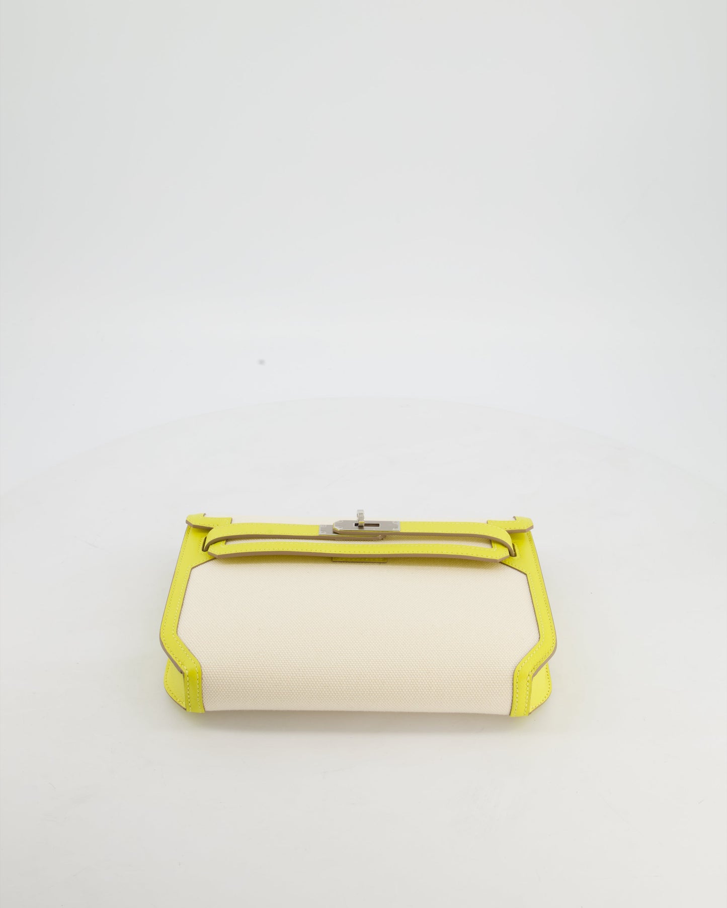 Hermes Kelly Depeches 25 Verso Bag in Ecru Canvas and Jaune Citron Chèvre with Palladium Hardware