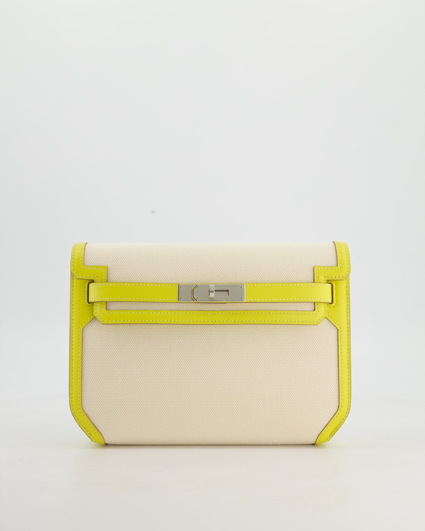 Hermes Kelly Depeches 25 Verso Bag in Ecru Canvas and Jaune Citron Chèvre with Palladium Hardware