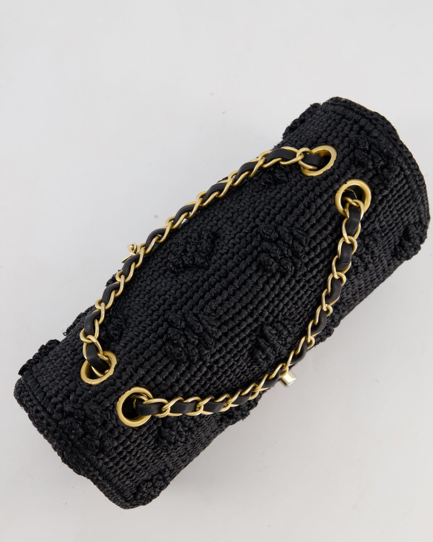 *HOT* Chanel Black Crocheted Raffia Small Single Flap Cross-Body Bag with Antique Gold Hardware