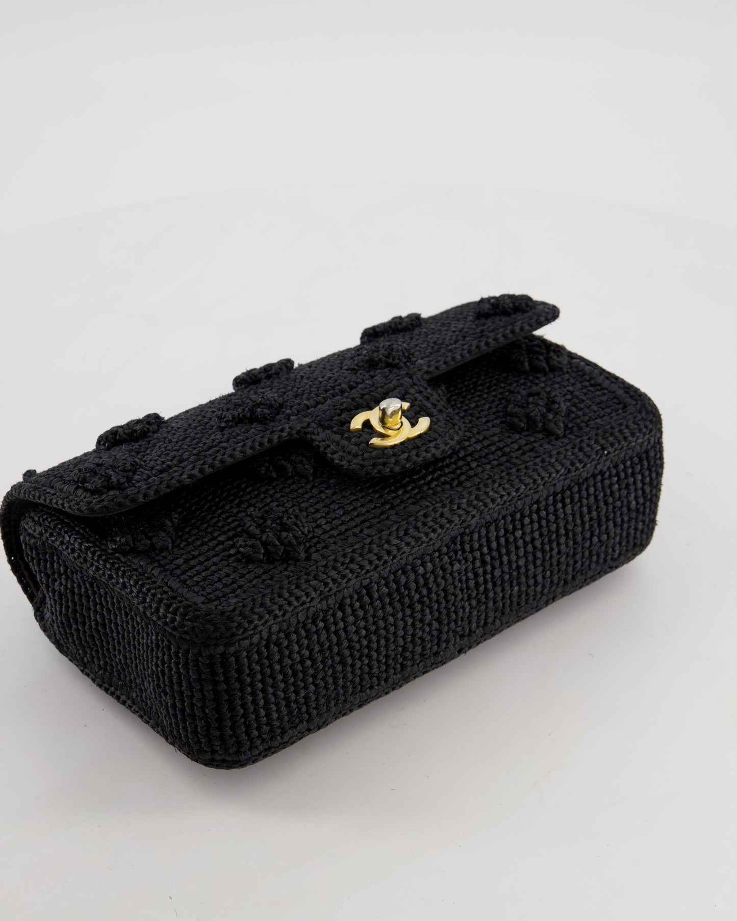 *HOT* Chanel Black Crocheted Raffia Small Single Flap Cross-Body Bag with Antique Gold Hardware