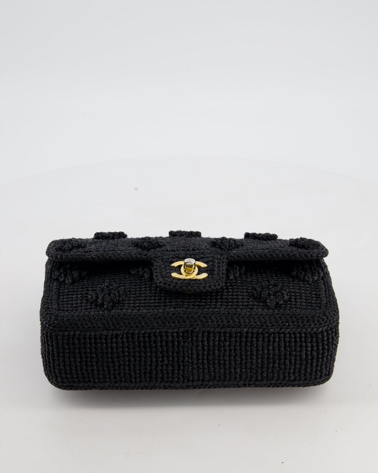 *HOT* Chanel Black Crocheted Raffia Small Single Flap Cross-Body Bag with Antique Gold Hardware