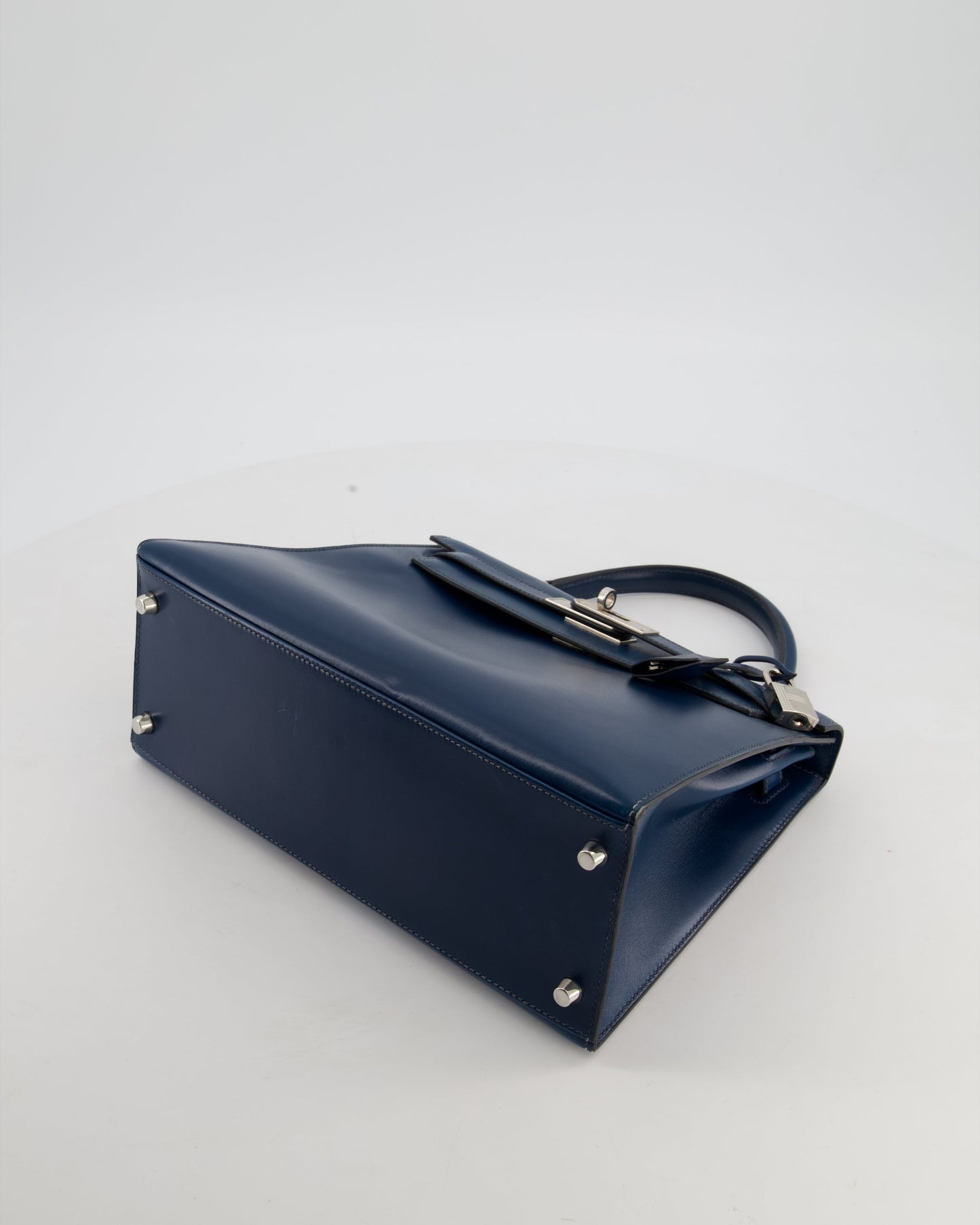 *VERY RARE* Hermes Kelly 28 Sellier Bag in Bleu De Prusse Box Calf Leather with Guilloche Palladium Hardware