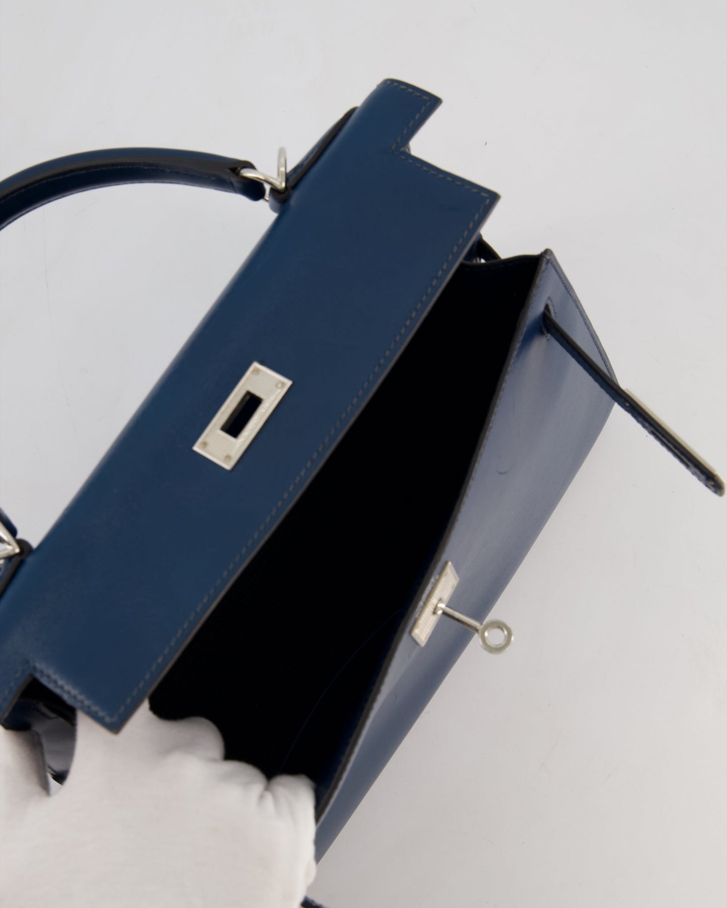 *VERY RARE* Hermes Kelly 28 Sellier Bag in Bleu De Prusse Box Calf Leather with Guilloche Palladium Hardware