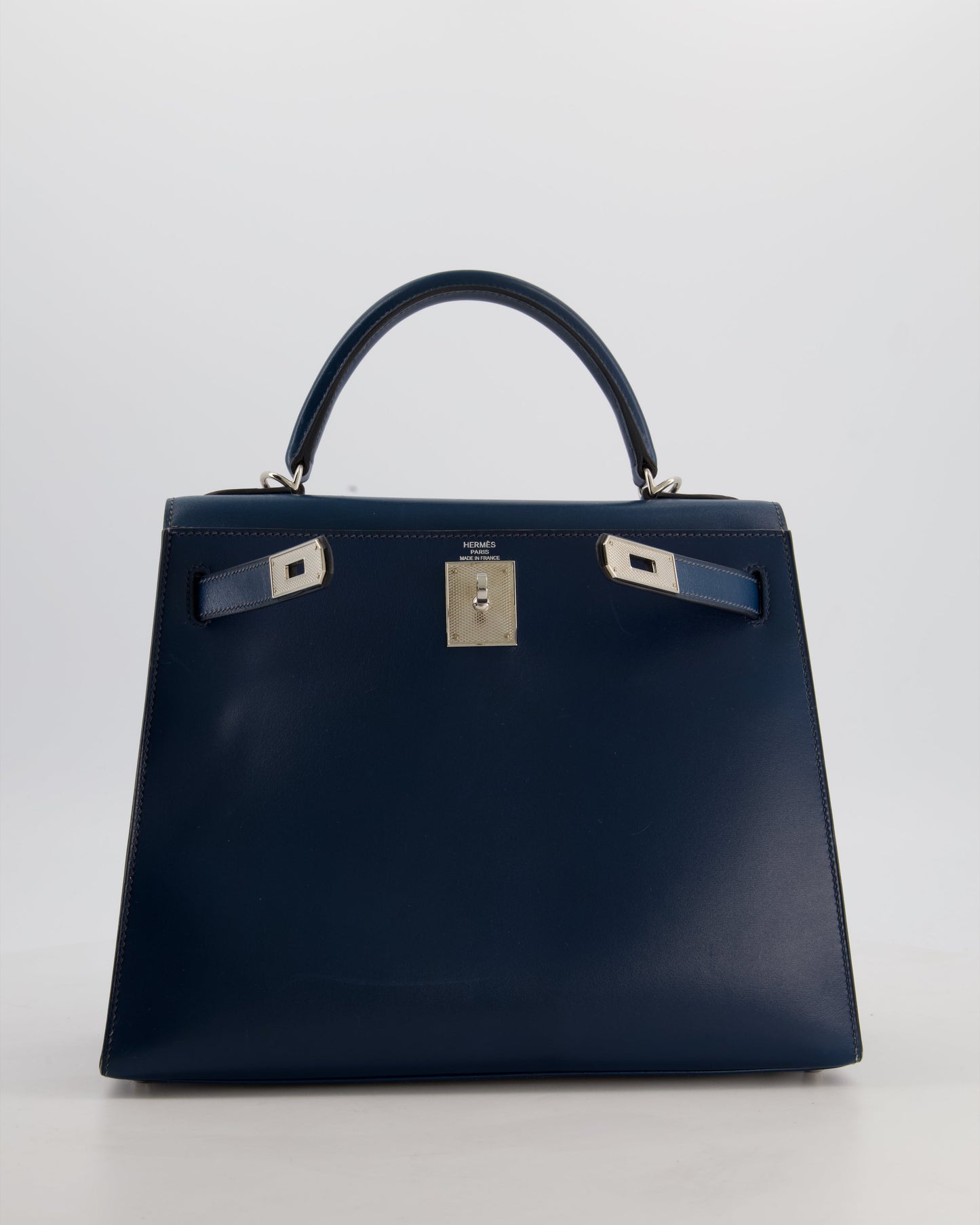*VERY RARE* Hermes Kelly 28 Sellier Bag in Bleu De Prusse Box Calf Leather with Guilloche Palladium Hardware
