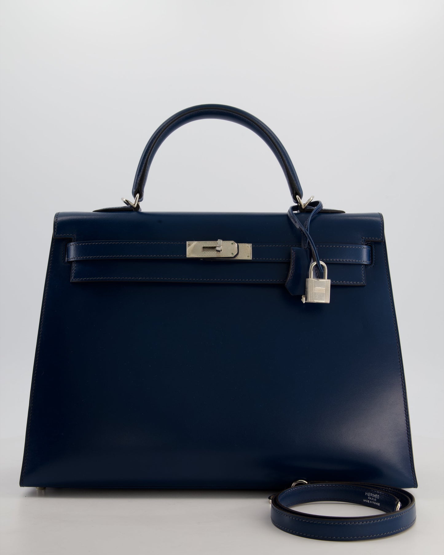 *VERY RARE* Hermes Kelly 35 Sellier Bag in Bleu De Prusse Box Calf Leather with Guilloche Palladium Hardware