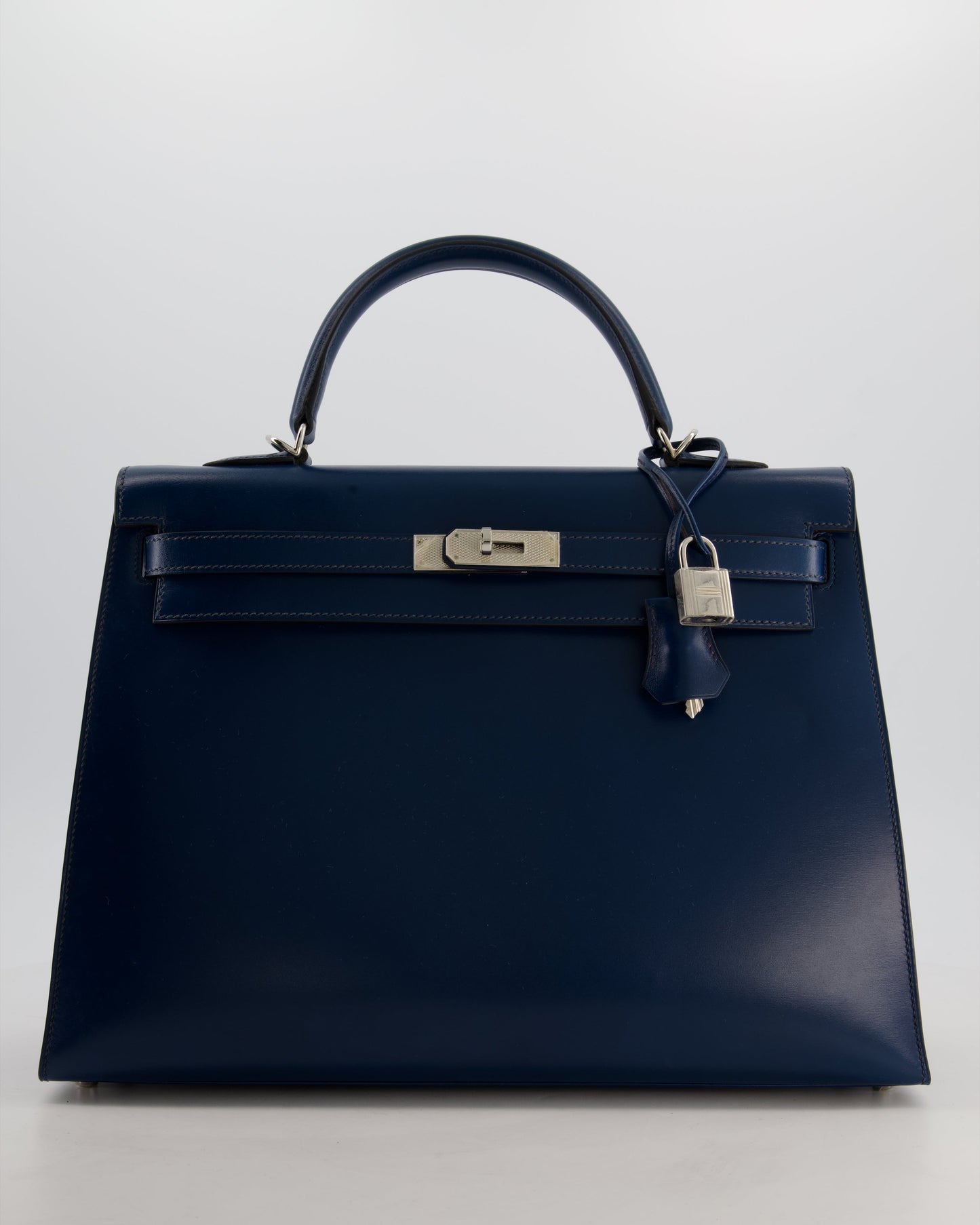 *VERY RARE* Hermes Kelly 35 Sellier Bag in Bleu De Prusse Box Calf Leather with Guilloche Palladium Hardware