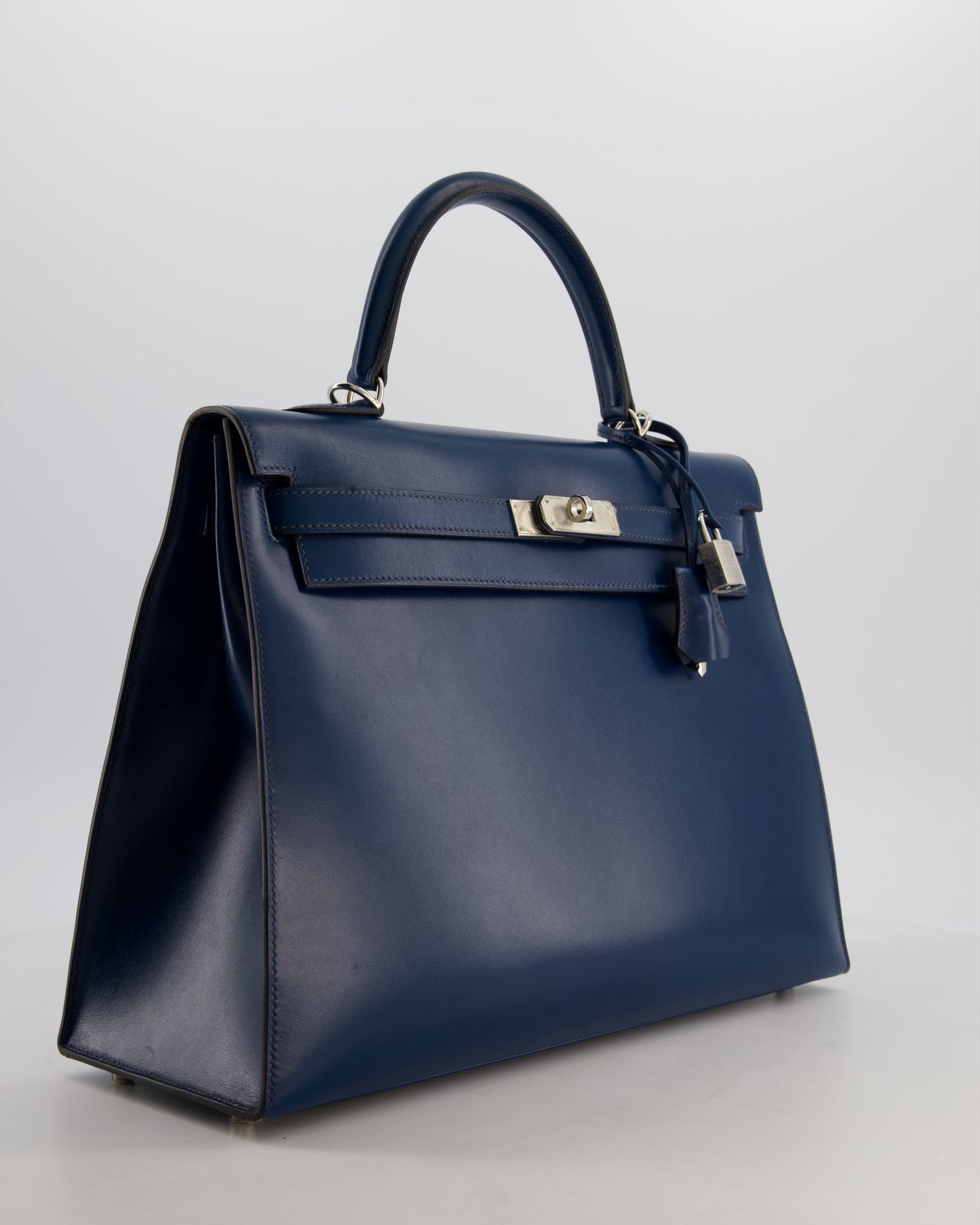 *VERY RARE* Hermes Kelly 35 Sellier Bag in Bleu De Prusse Box Calf Leather with Guilloche Palladium Hardware