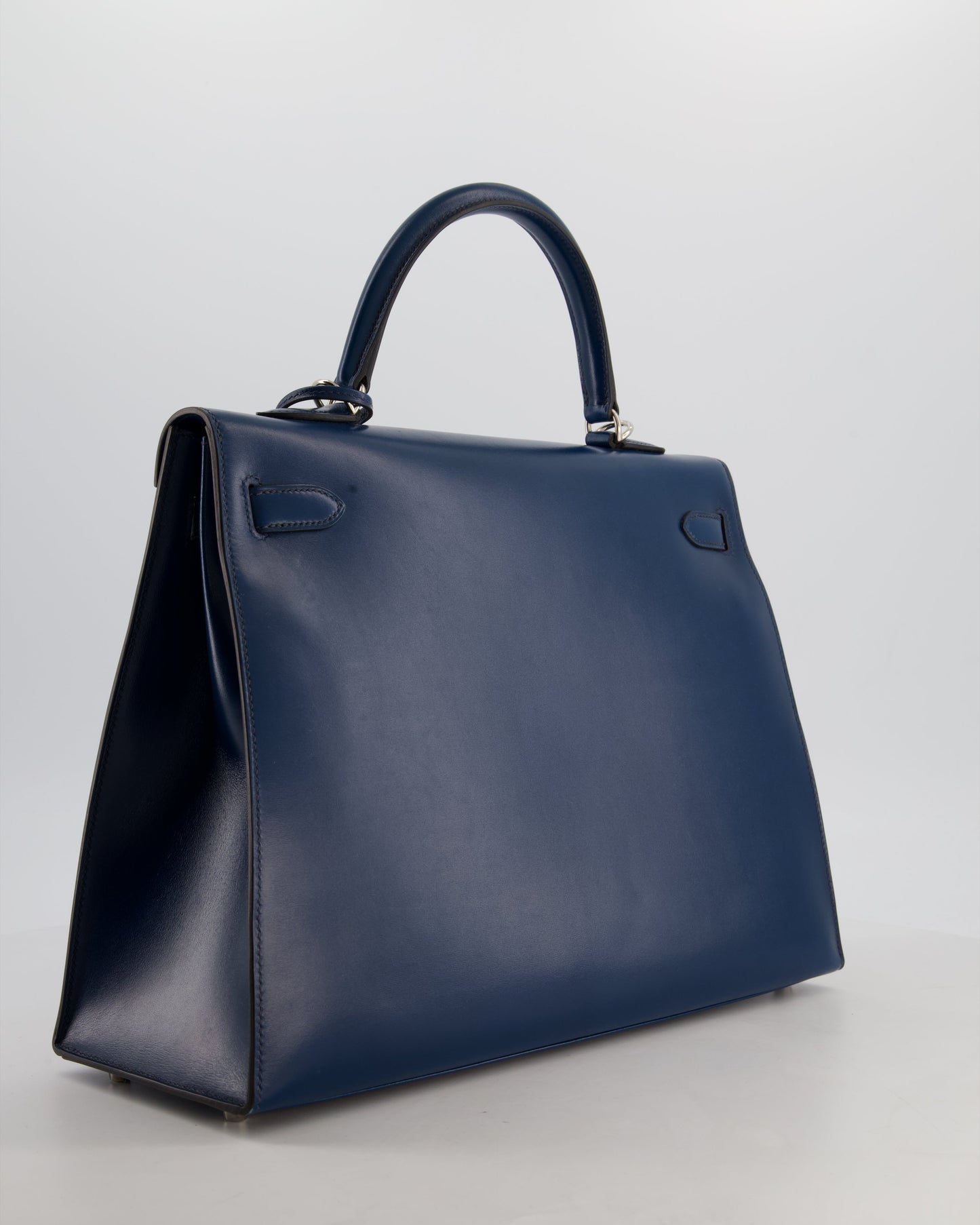 *VERY RARE* Hermes Kelly 35 Sellier Bag in Bleu De Prusse Box Calf Leather with Guilloche Palladium Hardware