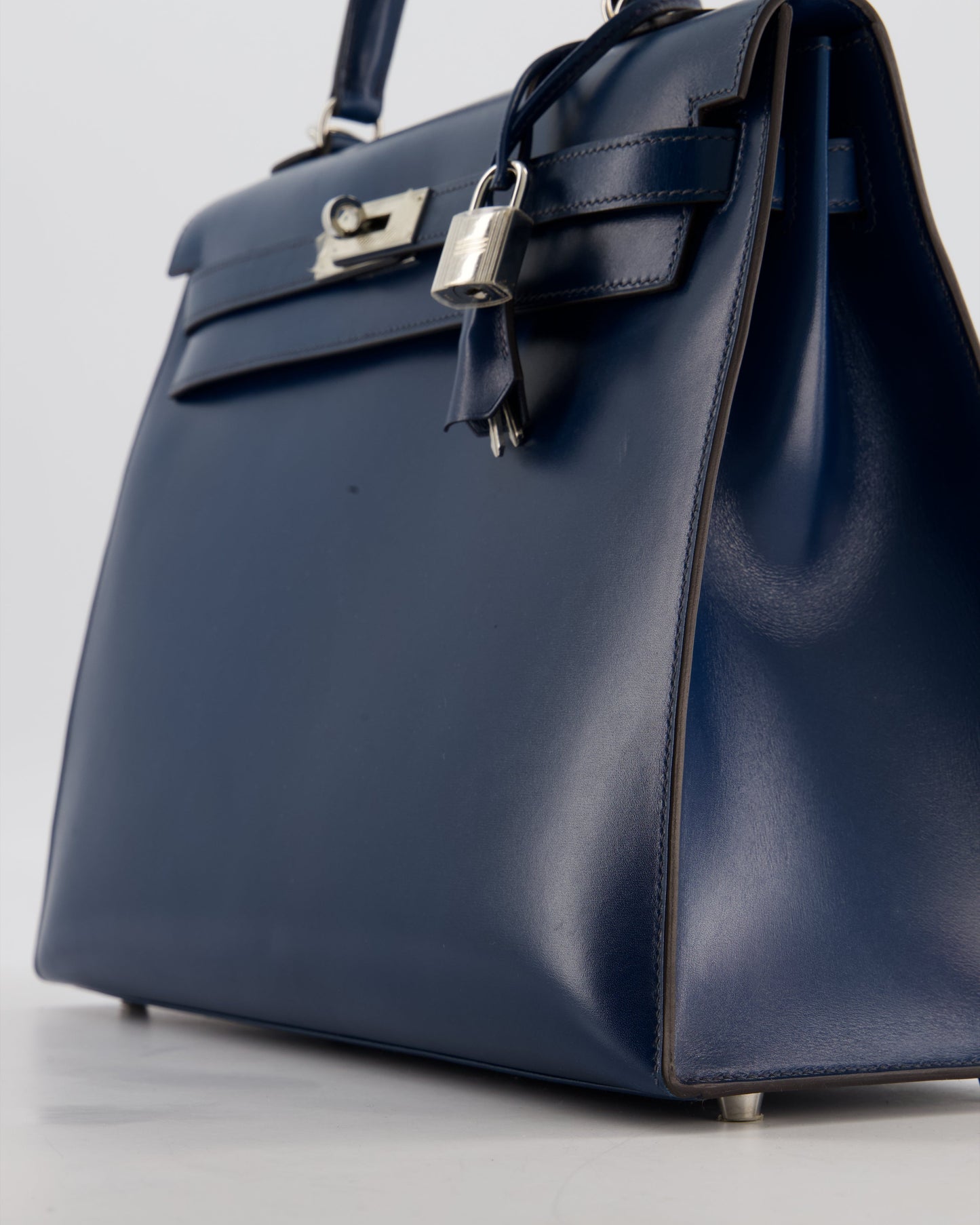 *VERY RARE* Hermes Kelly 35 Sellier Bag in Bleu De Prusse Box Calf Leather with Guilloche Palladium Hardware