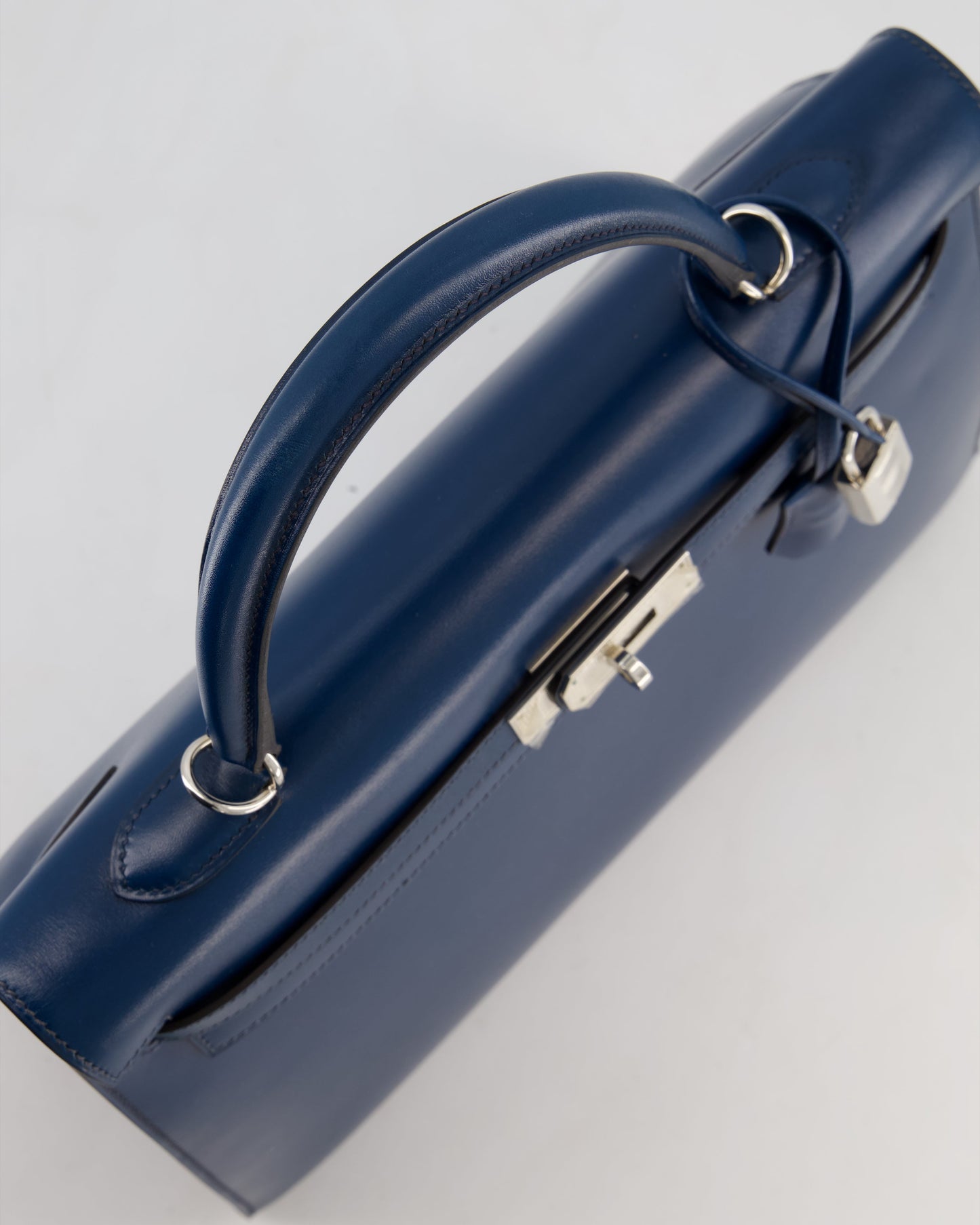 *VERY RARE* Hermes Kelly 35 Sellier Bag in Bleu De Prusse Box Calf Leather with Guilloche Palladium Hardware