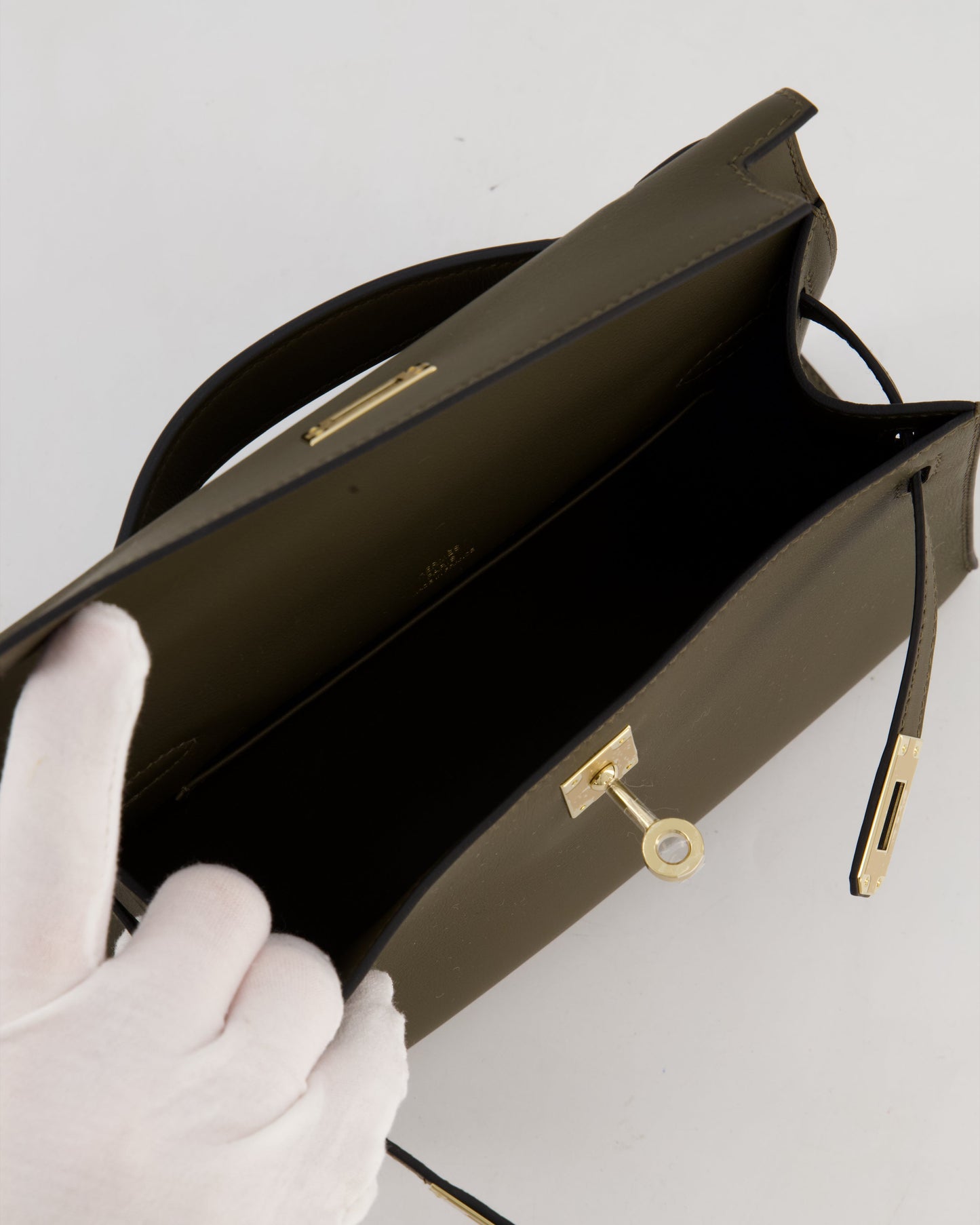 *NEW COLOUR* Hermes Mini Kelly Pochette Bag in Vert Loden Swift Leather and Permabrass Hardware