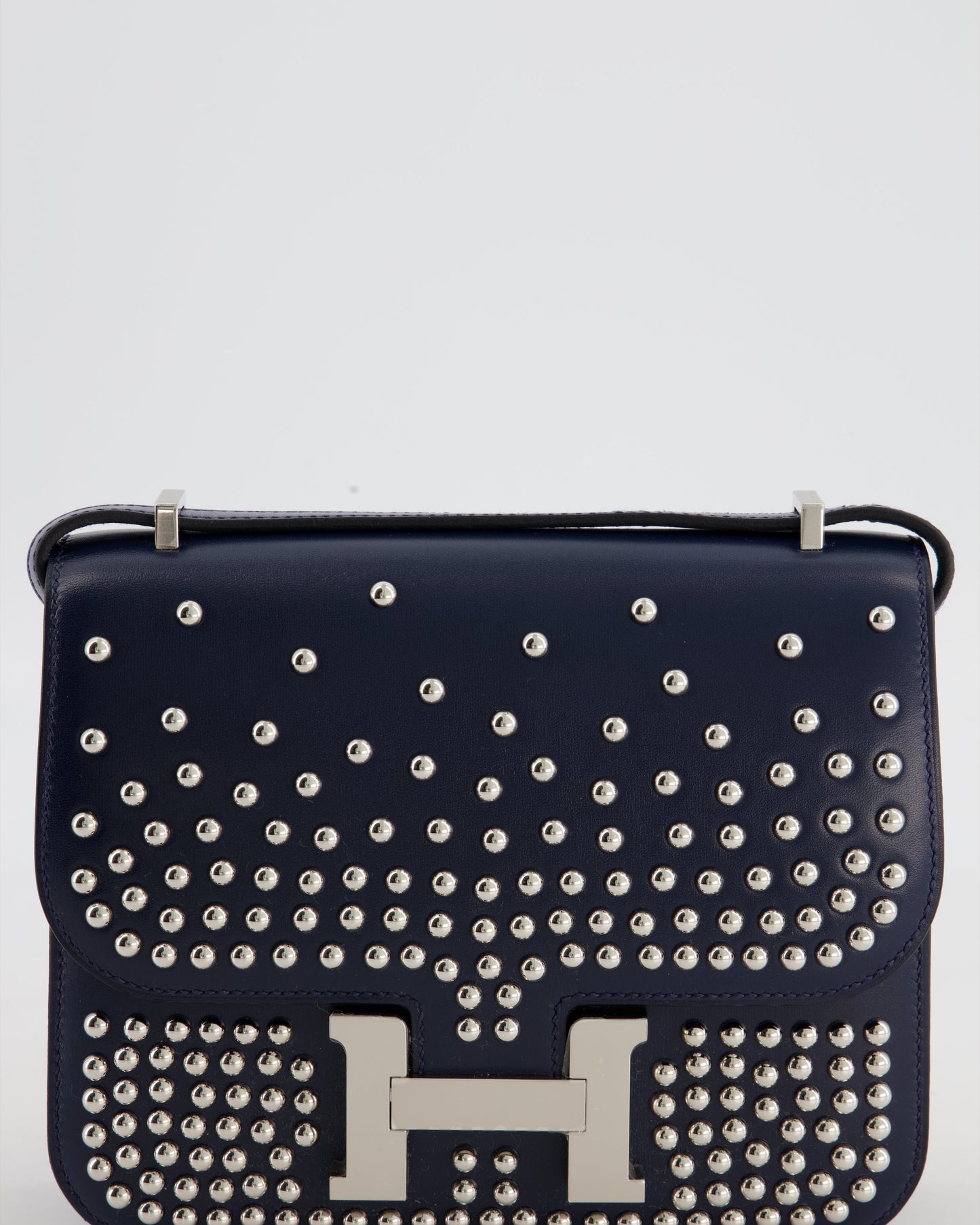 *LIMITED EDITION* Hermes Mini Constance Clouté III Miroir 18 Bag in Bleu Abysse Calfskin Box Leather with Palladium Hardware