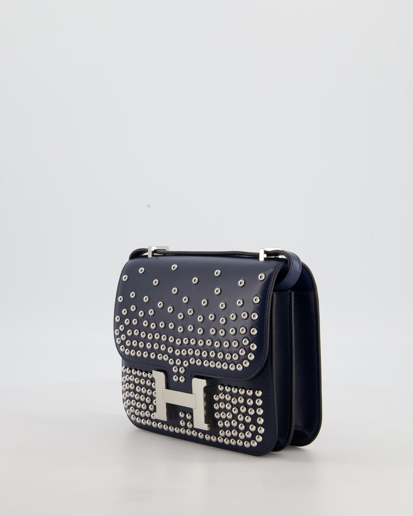 *LIMITED EDITION* Hermes Mini Constance Clouté III Miroir 18 Bag in Bleu Abysse Calfskin Box Leather with Palladium Hardware