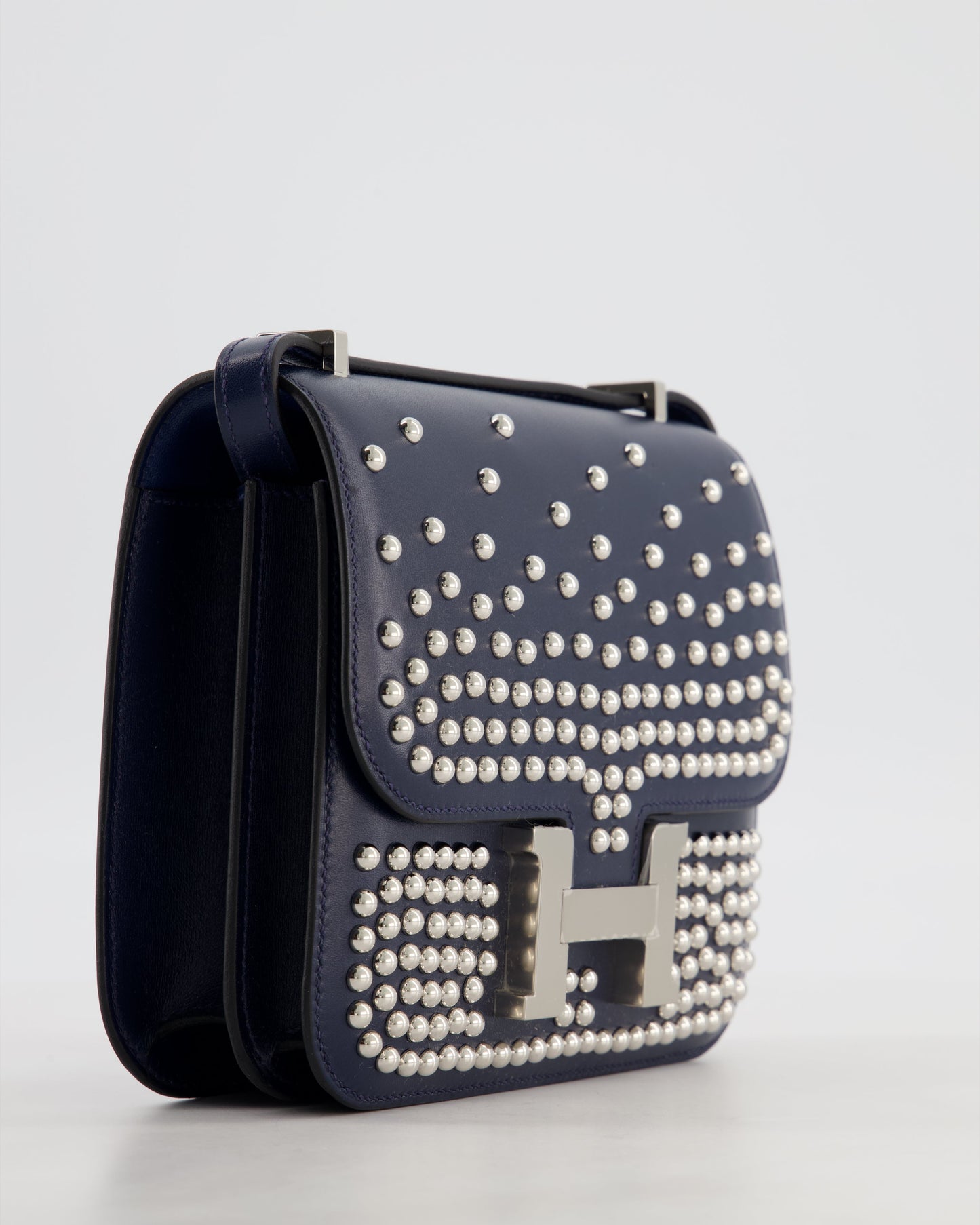 *LIMITED EDITION* Hermes Mini Constance Clouté III Miroir 18 Bag in Bleu Abysse Calfskin Box Leather with Palladium Hardware