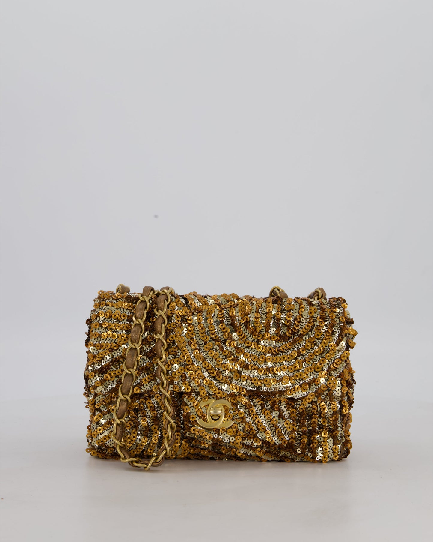 Chanel Classic Single Flap Bag in Metallic Gold and Silver Sequin with Gold Hardware