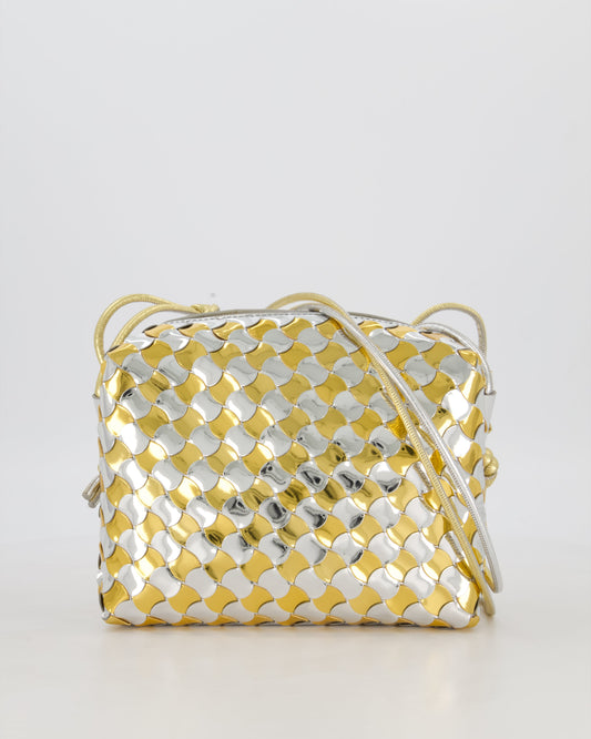 Bottega Veneta Silver & Gold Metallic Medium Loop Intrecciato Camera Bag in Patent Leather with Gold Hardware