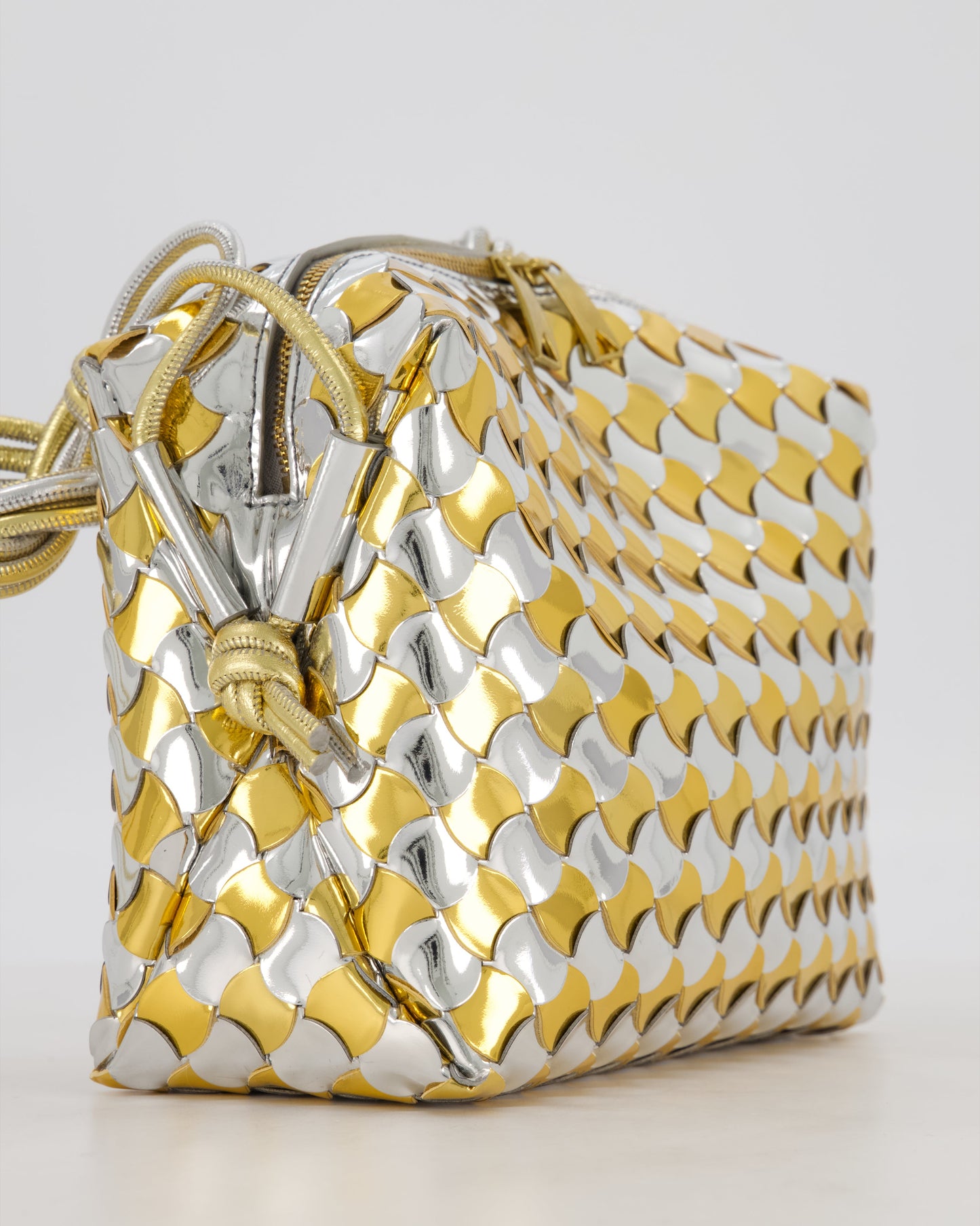 Bottega Veneta Silver & Gold Metallic Medium Loop Intrecciato Camera Bag in Patent Leather with Gold Hardware