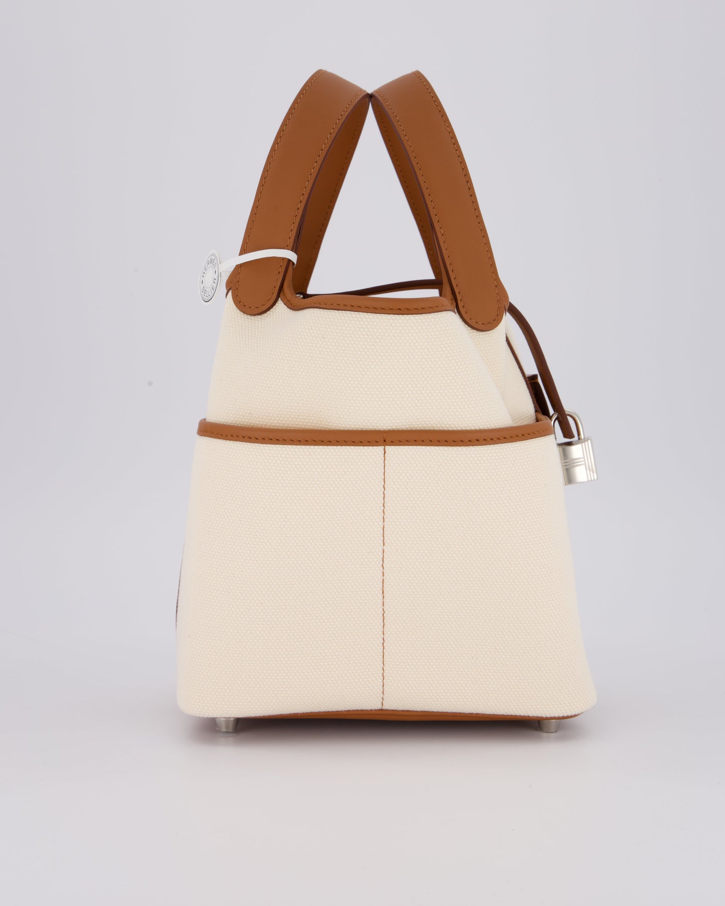 *HOT* Hermes Picotin 18 Lock Cargo Bag in Ecru Canvas & Gold Swift Leather with Palladium Hardware