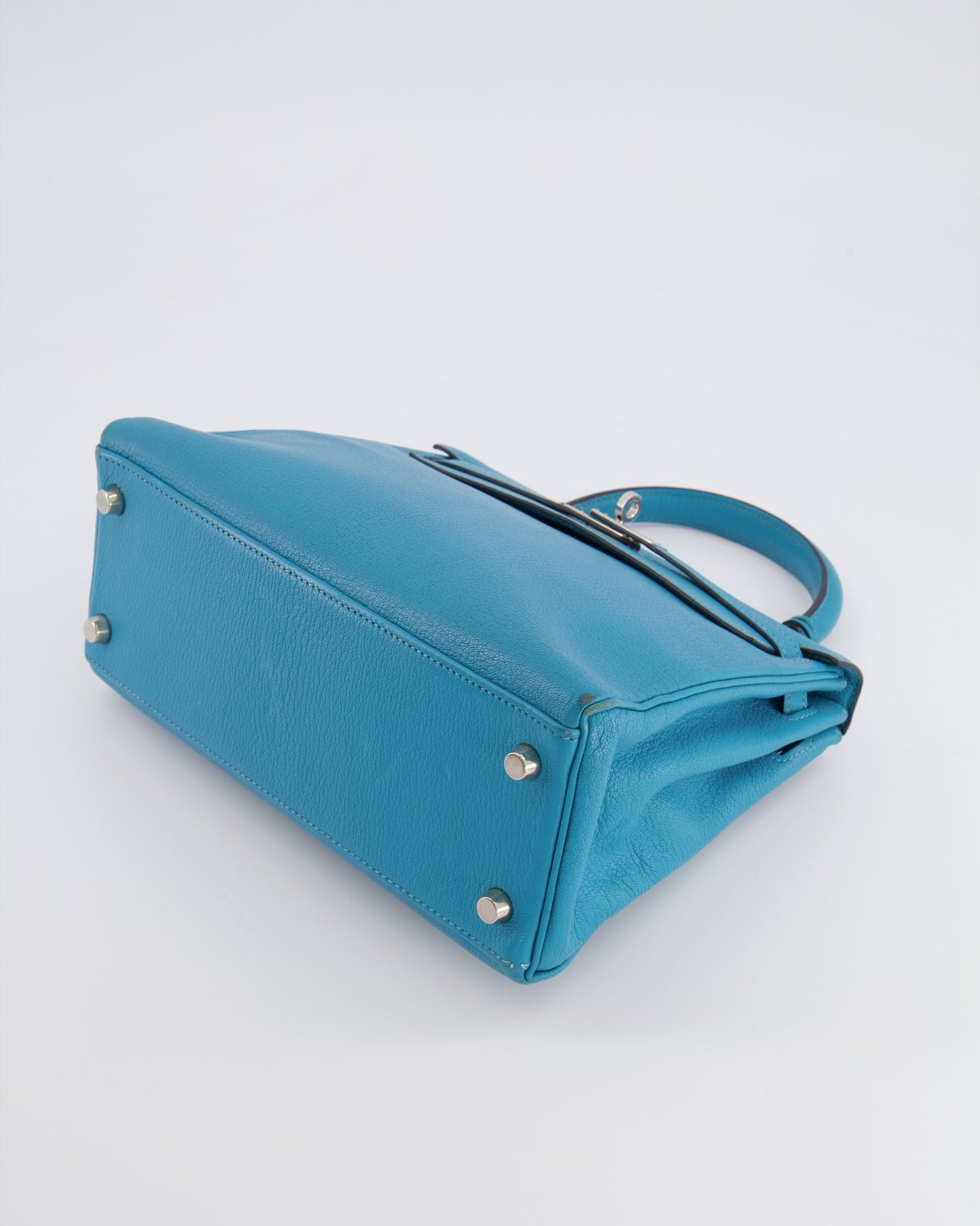 Hermes Kelly 25 Retourne Bag in Bleu Paon Evercolor Leather with Palladium Hardware