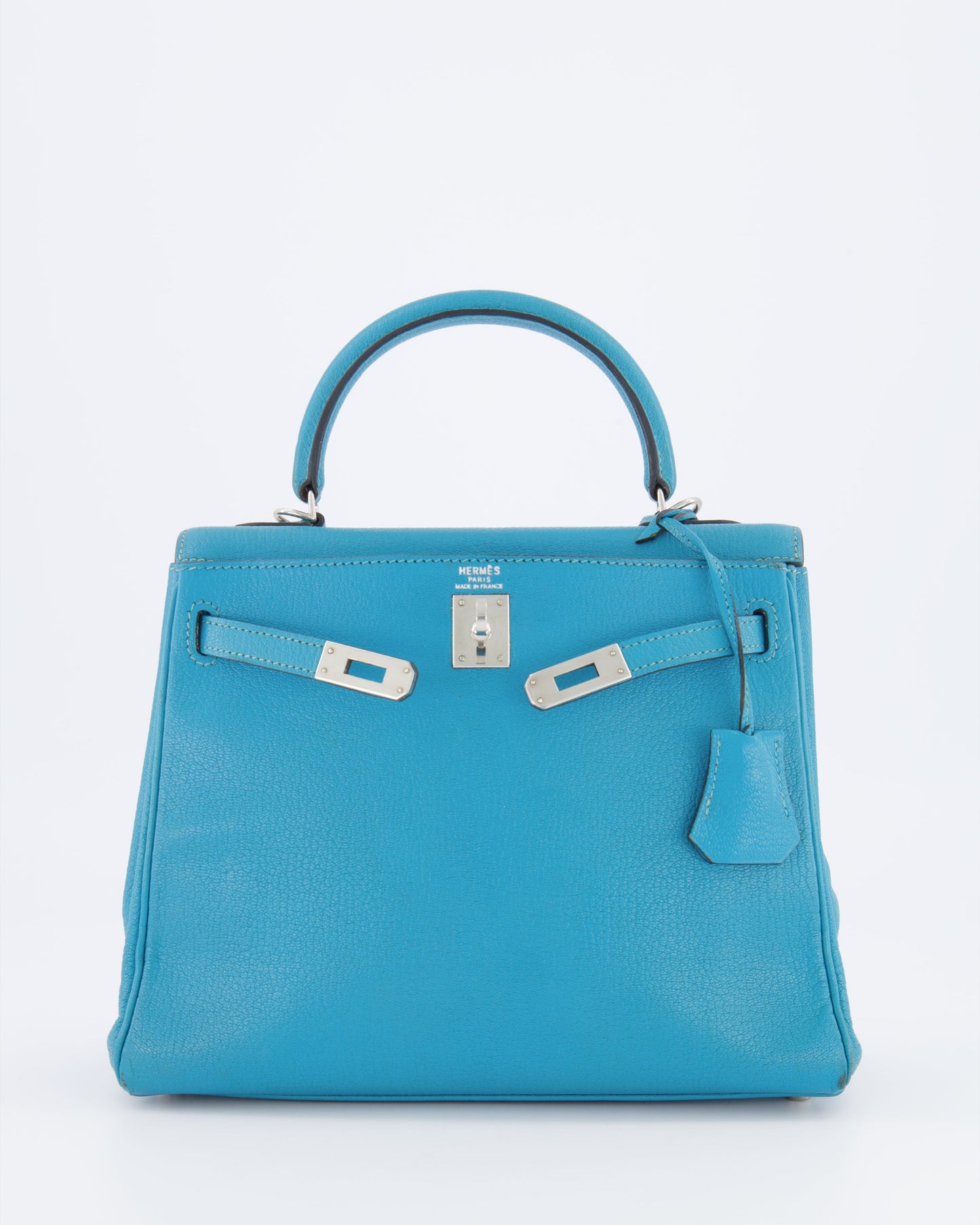 Hermes Kelly 25 Retourne Bag in Bleu Paon Evercolor Leather with Palladium Hardware