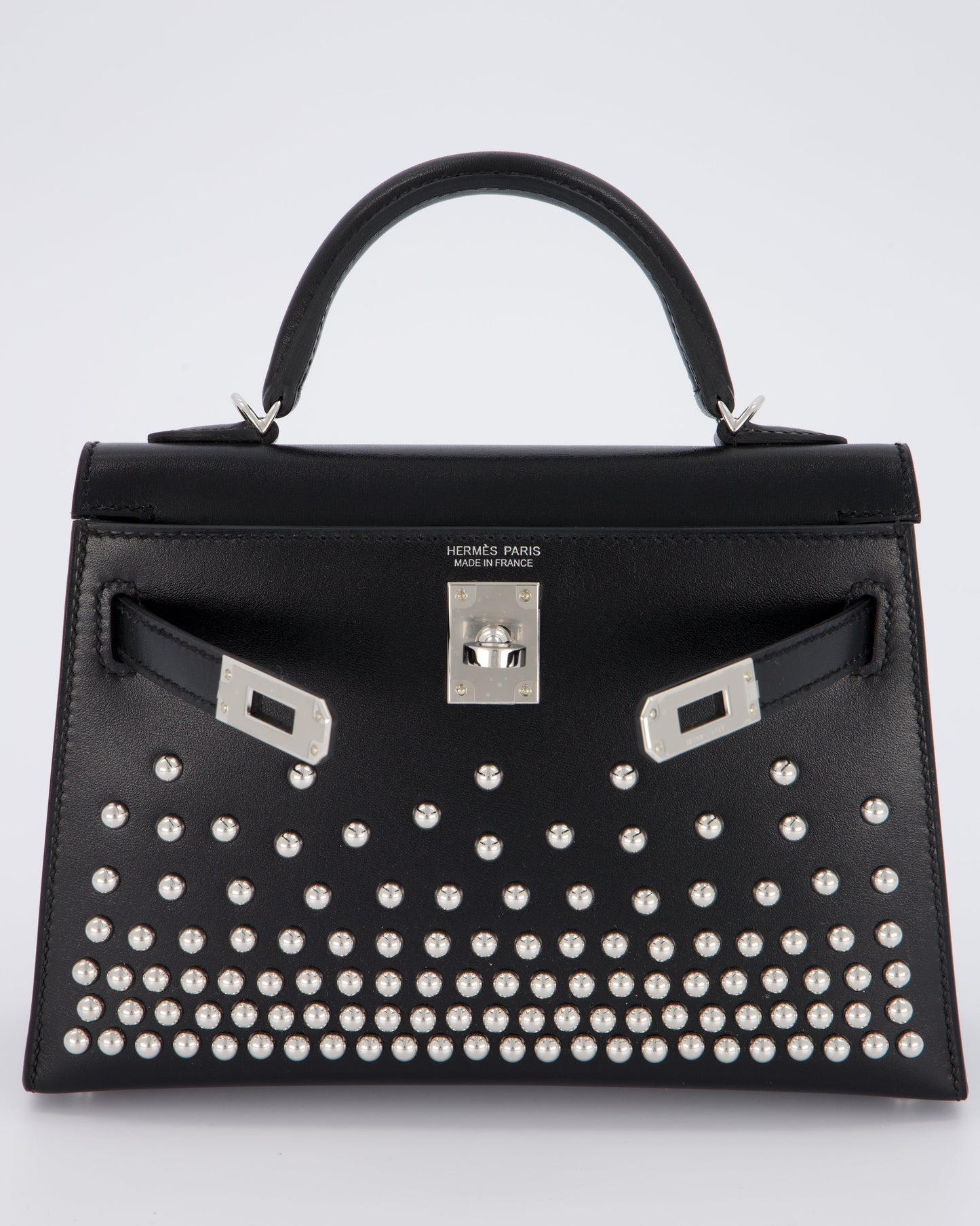*SUPER RARE & HOT* Hermes Mini Kelly II 20 Clouté Bag in Noir Box Calf Leather with Palladium Hardware & Studs