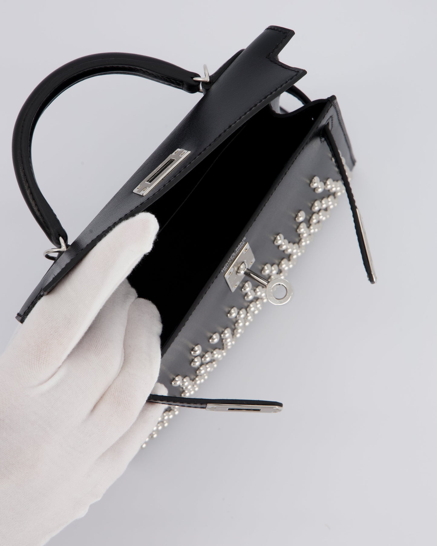 *SUPER RARE & HOT* Hermes Mini Kelly II 20 Clouté Bag in Noir Box Calf Leather with Palladium Hardware & Studs