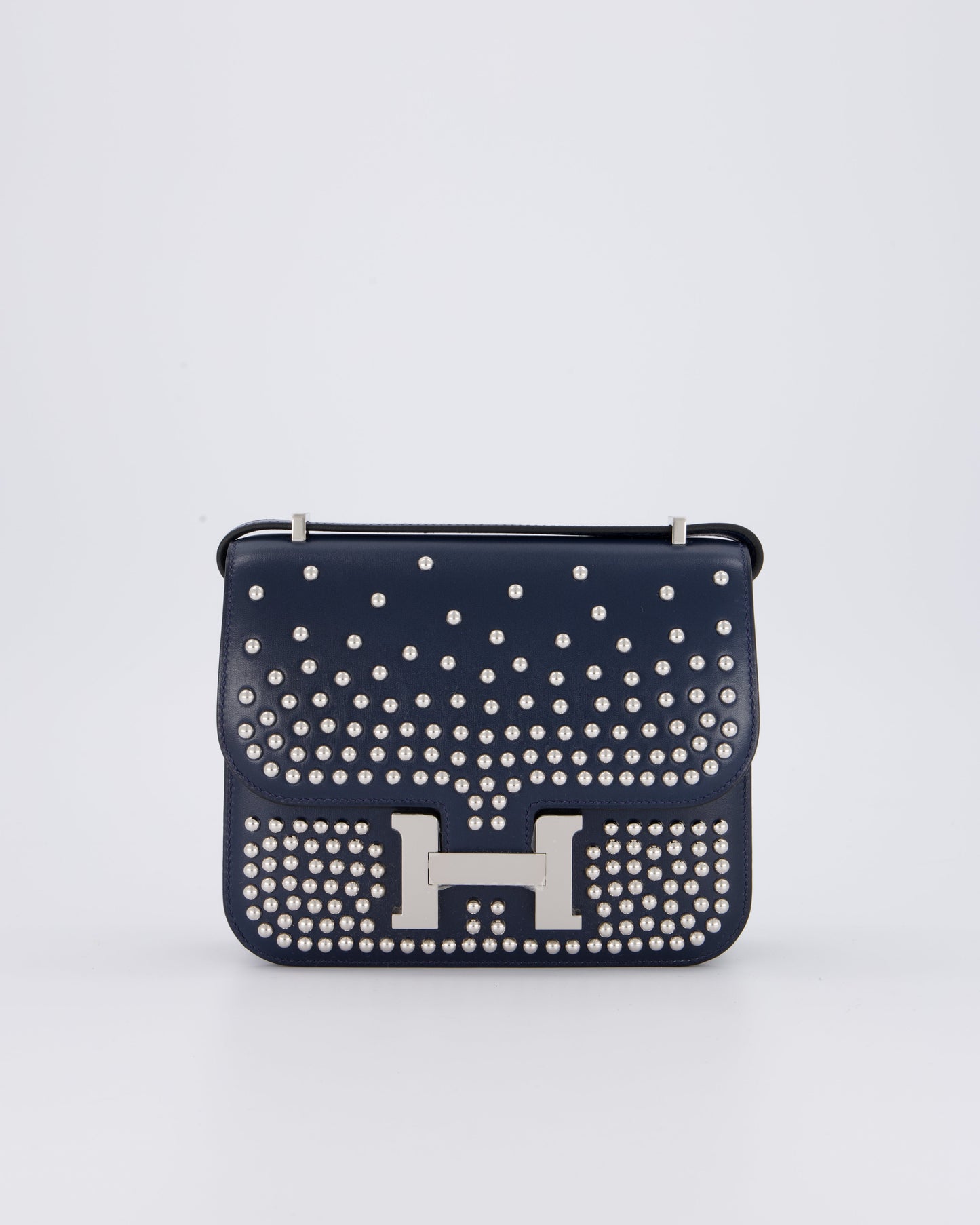 *LIMITED EDITION* Hermes Mini Constance Clouté III Miroir 18 Bag in Bleu Abysse Calfskin Box Leather with Palladium Hardware