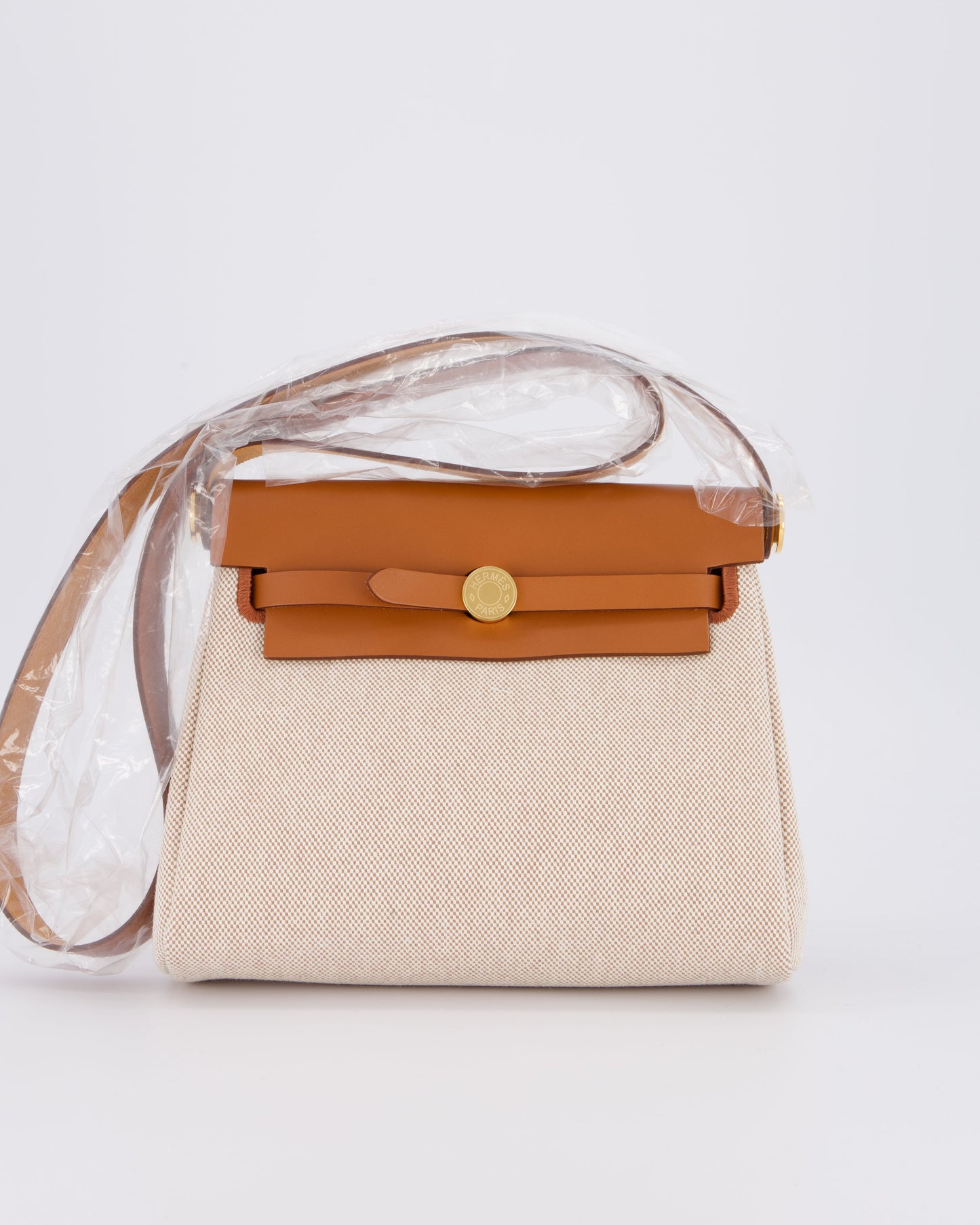 *HOT* Hermes Herbag Zip 20 Bag in Fauve Vache Hunter Leather & Ecru/Beige Viking Canvas with Gold Hardware