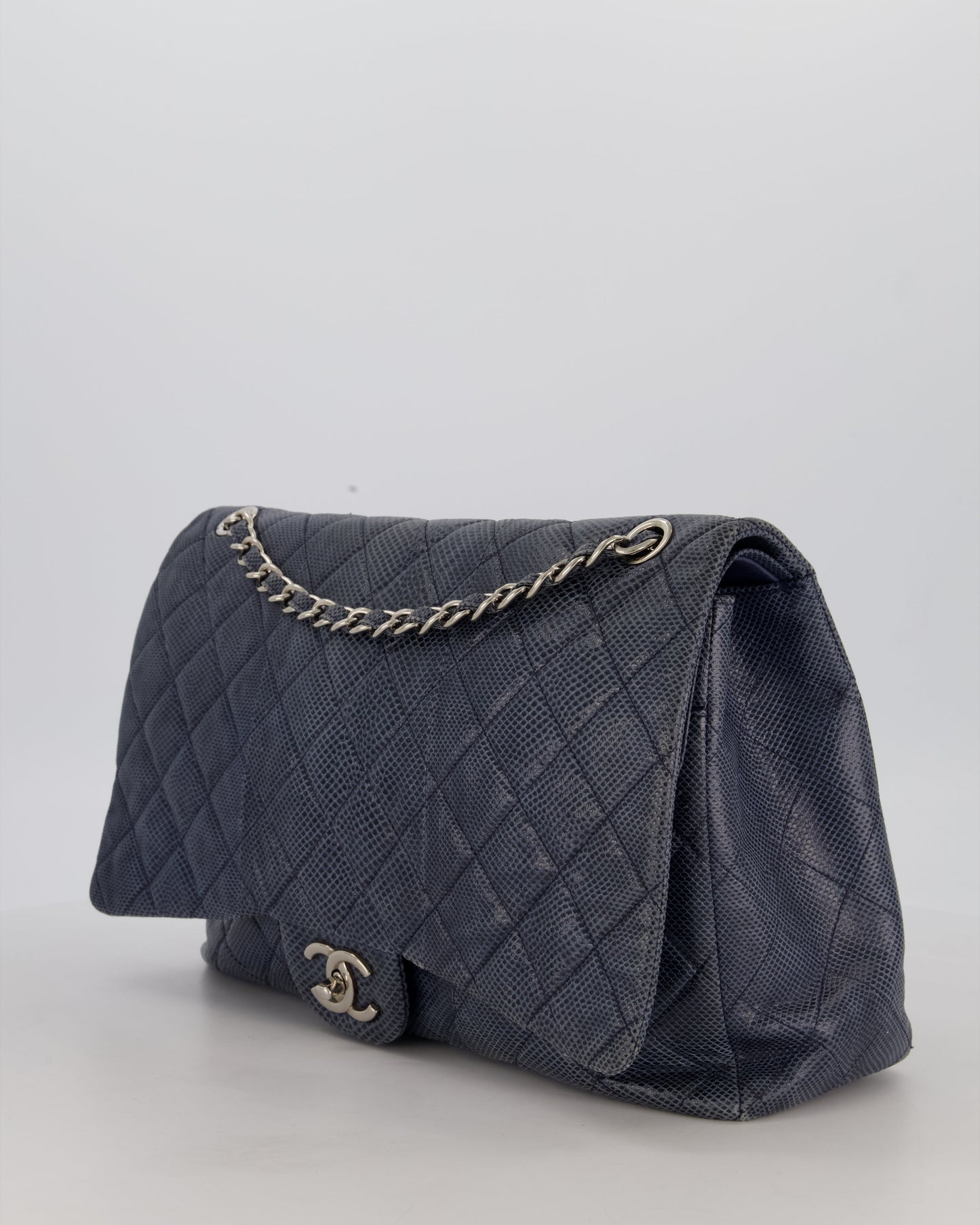 Chanel Blue Classic Maxi Double Flap in Exotic Python Leather with Silver Hardware