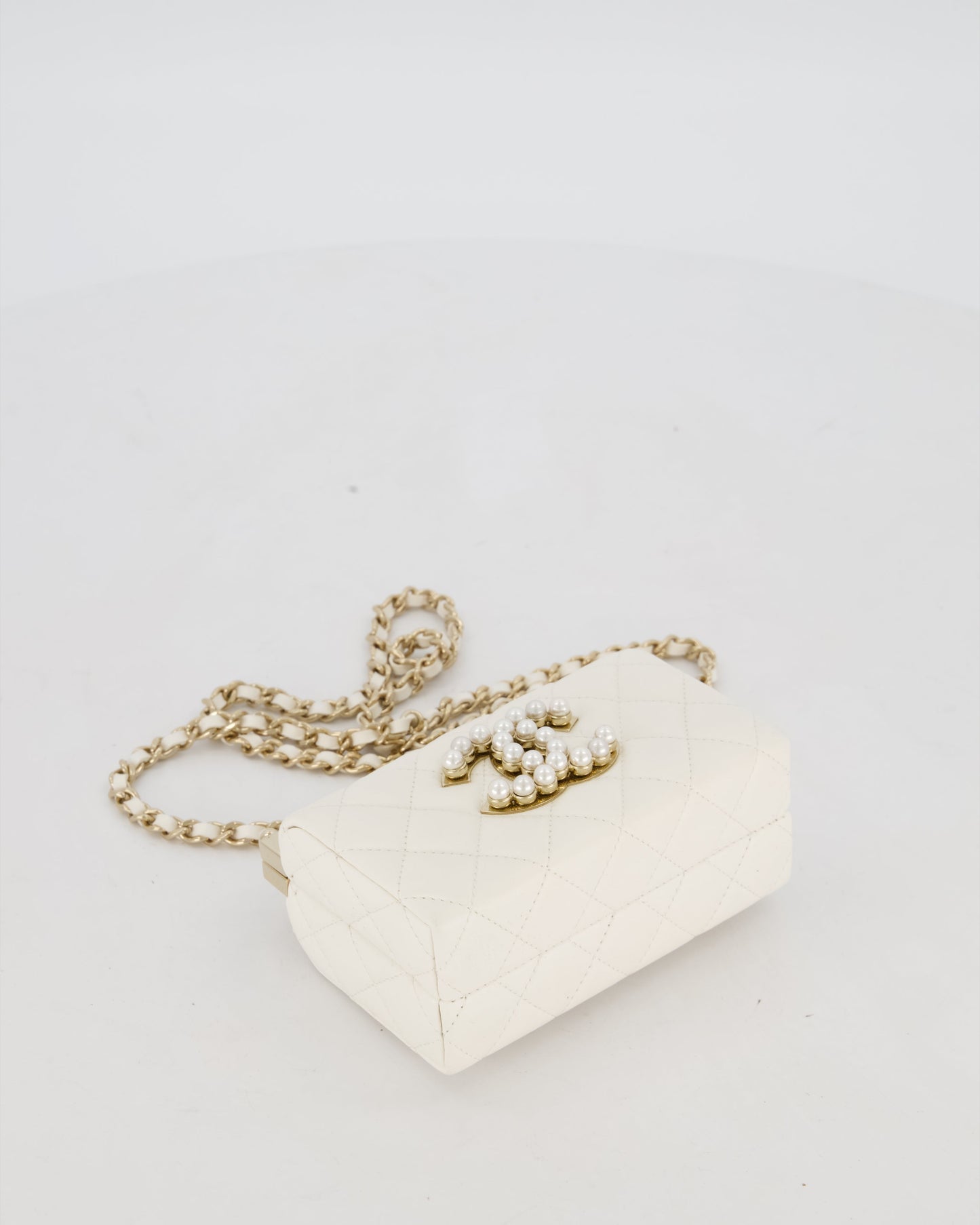 *HOT* Chanel White 2023 Métiers d'art Quilted Micro Bag in Lambskin Leather with Champagne Gold Hardware & Pearl CC Details