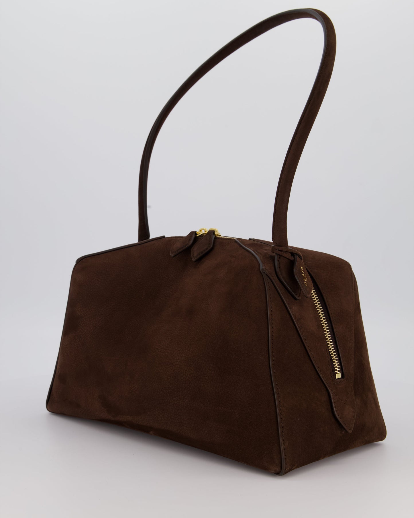 Alaïa Brown SS/26 Le Bouledogue Medium Suede Top Handle Bag with Gold Hardware