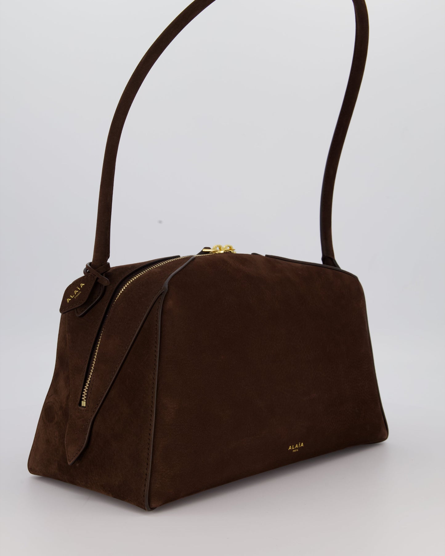 Alaïa Brown SS/26 Le Bouledogue Medium Suede Top Handle Bag with Gold Hardware